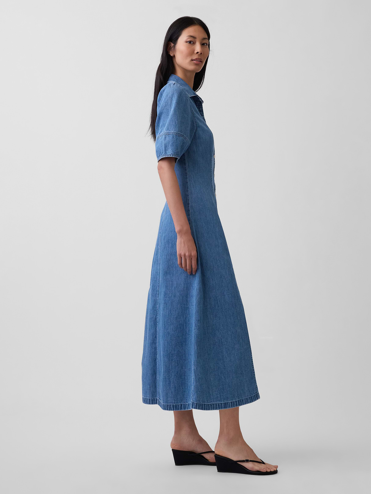 Barrel-Sleeve Maxi Shirtdress - Medium wash