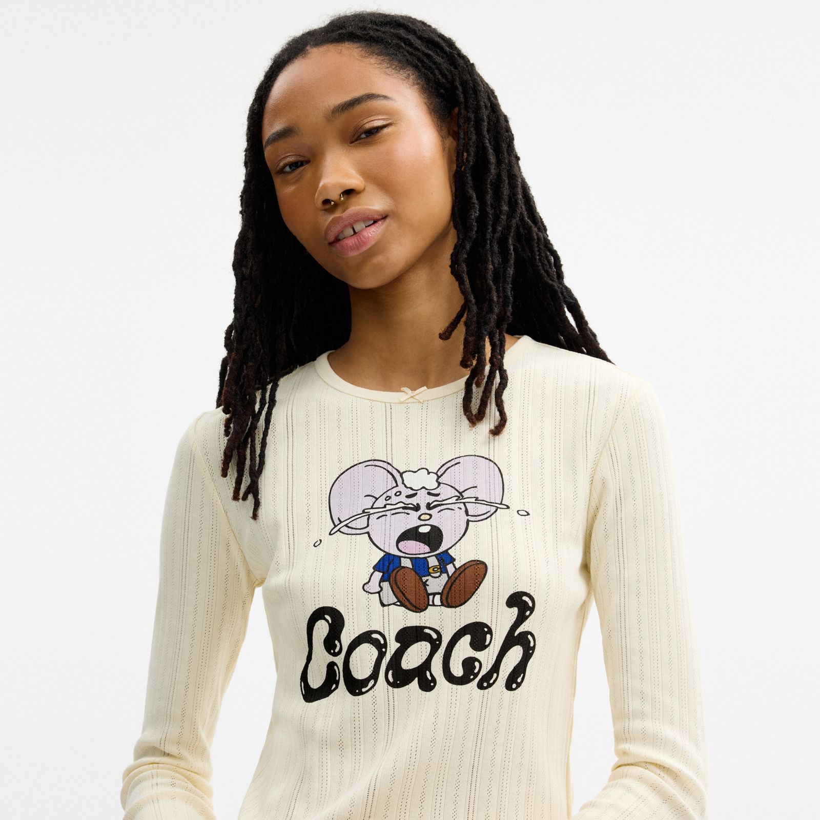 Coach | Brain Dead Kachi Mouse Graphic Long Sleeve Pointelle Top - Cream - view 4