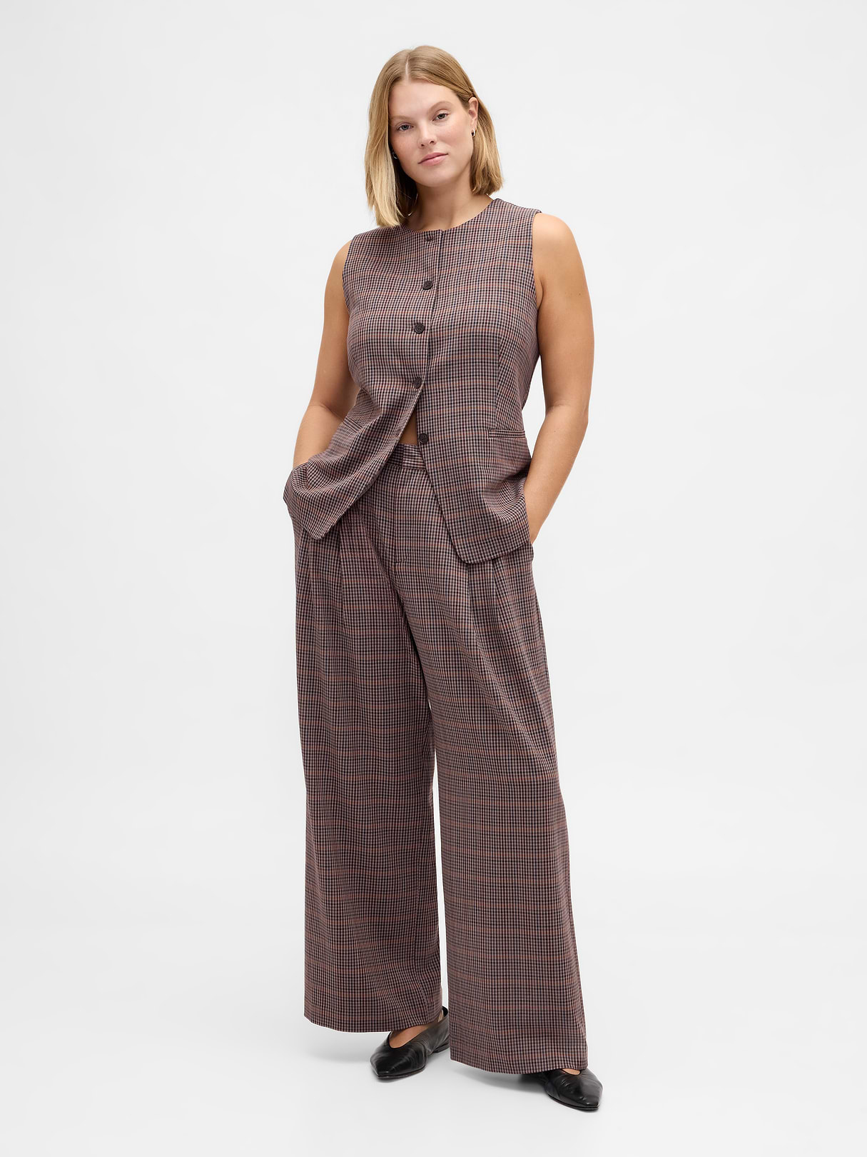 365 High Rise Pleated Trousers - Tonal brown plaid