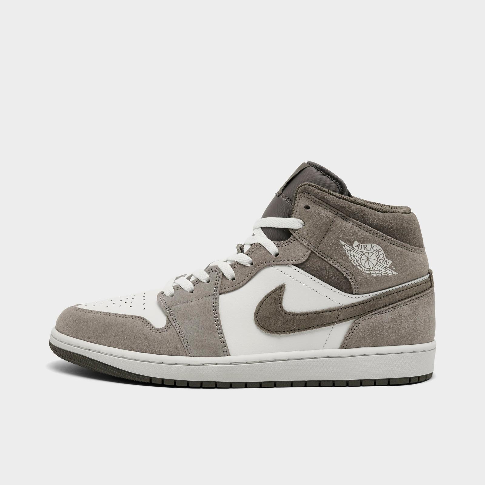 Men's Air Jordan Retro 1 Mid Casual Shoes - Enigma Stone/Summit White/Olive Grey - Left shoe facing left. Outside of the shoe. - view 1
