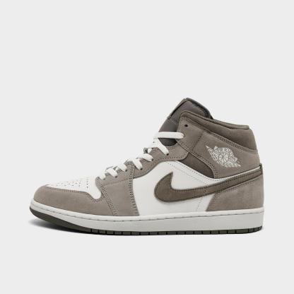 Men's Air Jordan Retro 1 Mid Casual Shoes - Enigma Stone/Summit White/Olive Grey - Left shoe facing left. Outside of the shoe. - view 1