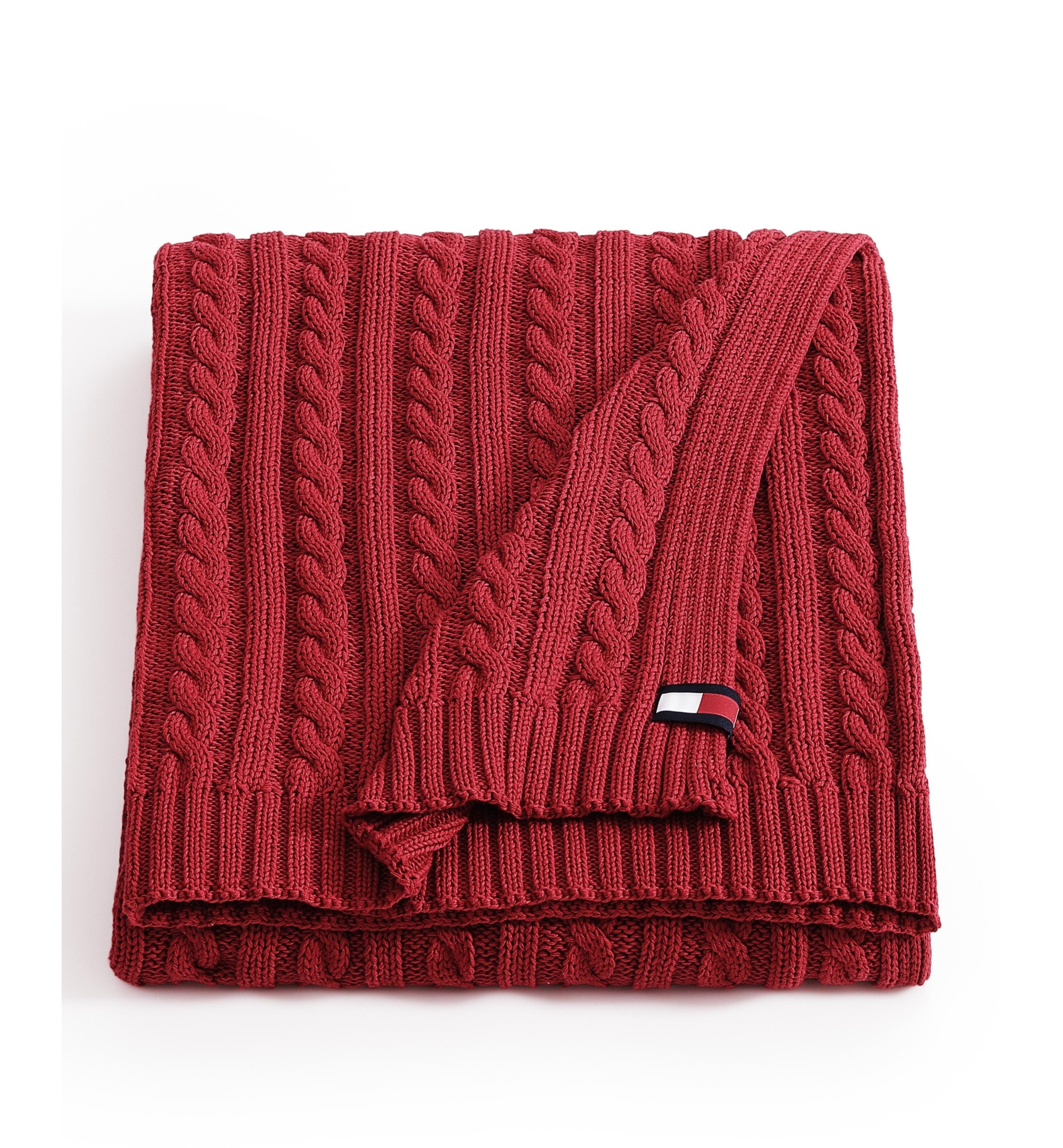 Tommy Hilfiger Solid Cotton Cable Knit Throw, 70" x 50" - Dark Red