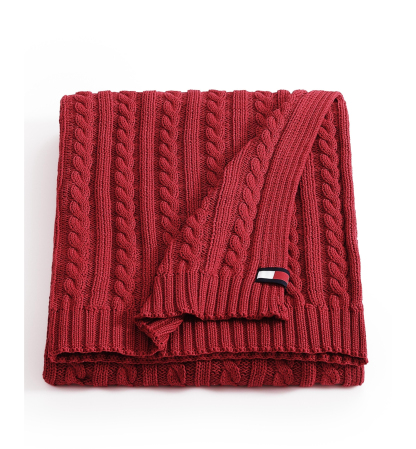 Tommy Hilfiger Solid Cotton Cable Knit Throw, 70" x 50" - Dark Red