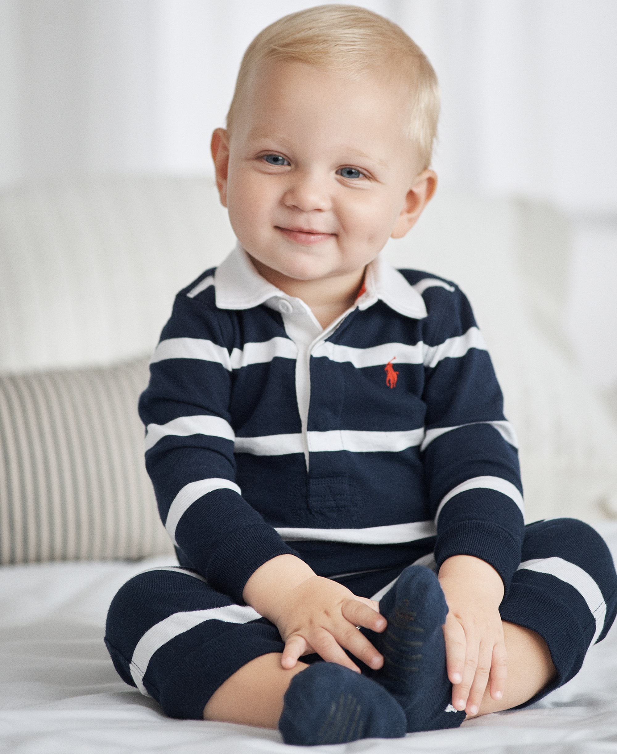 Polo Ralph Lauren Baby Boys Striped Rugby Cotton Coverall - French Navy Multi