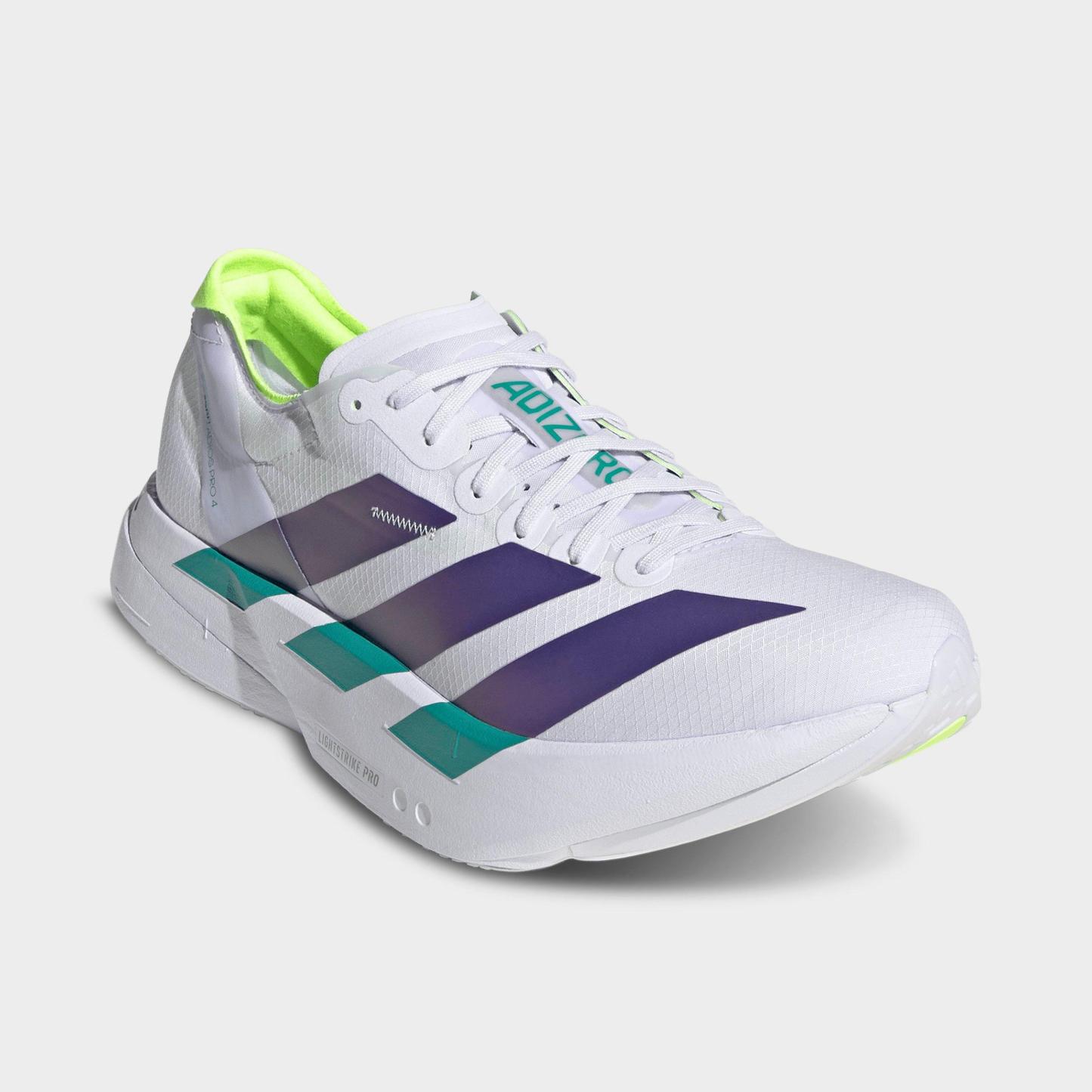 Men's adidas Adizero Adios Pro 4 Running Shoes - Frozen Purple/Solar Purple/Signal Green - Both shoes facing left