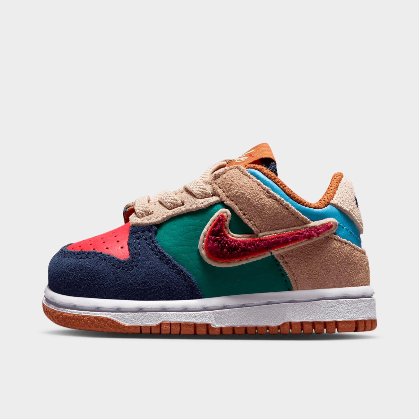 Kids' Toddler Nithtke Dunk Low Casual Shoes - Beige/Midnight Navy/Speed Red/Green Noise - Left shoe facing left. Outside of the shoe.
