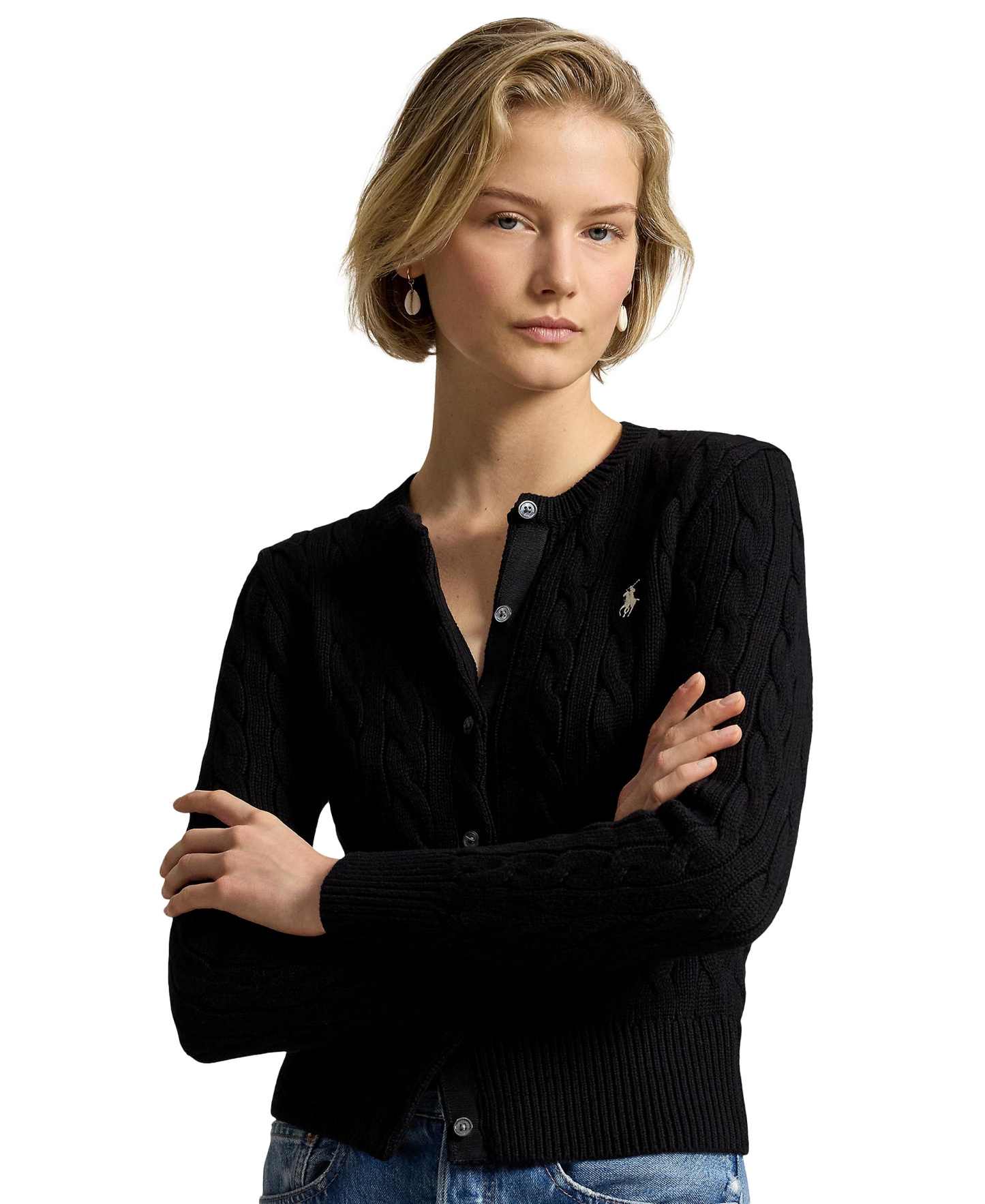 Polo Ralph Lauren Women's Cable-Knit Cotton Crewneck Cardigan Sweater - Polo Black