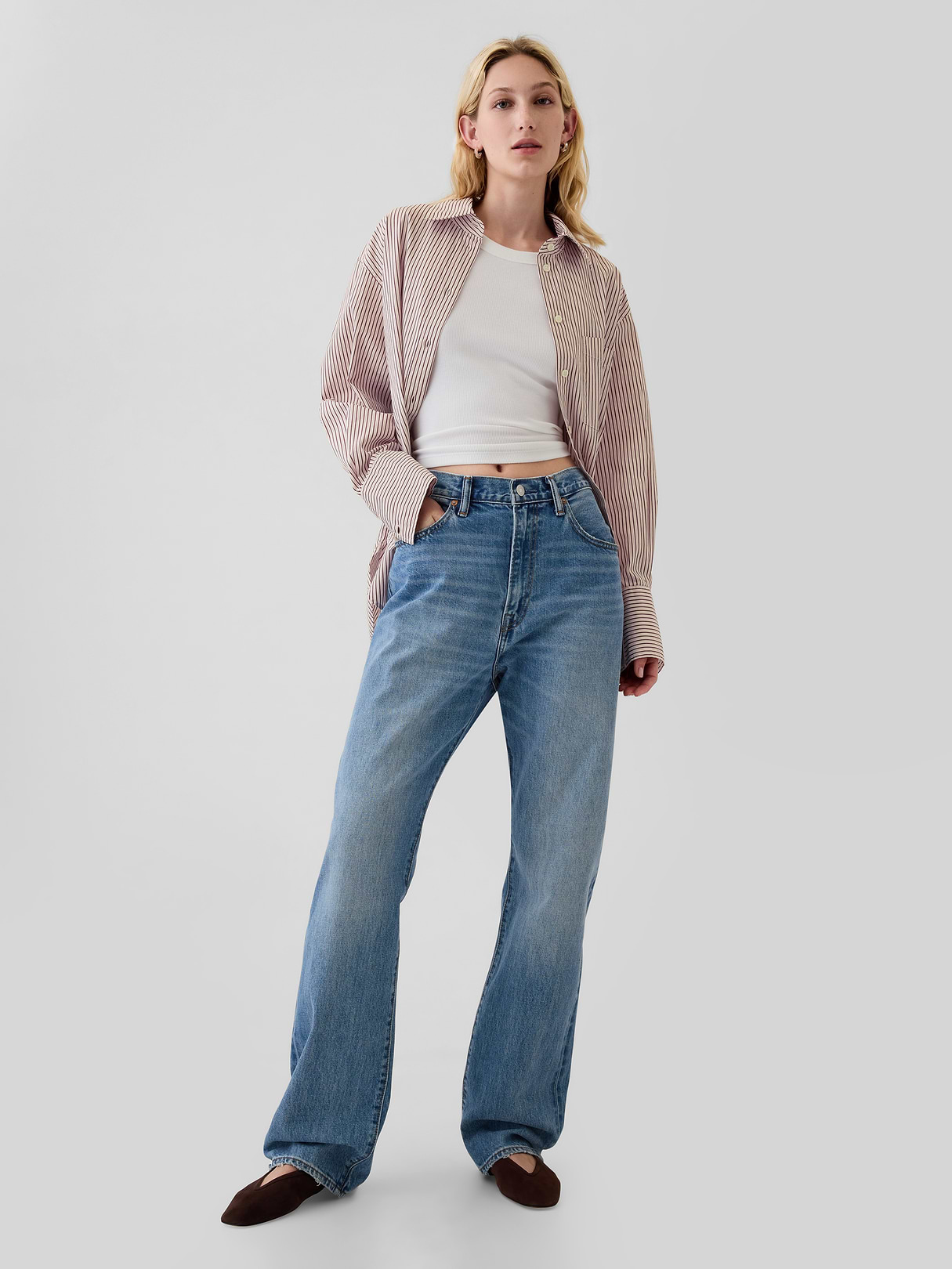 Organic Cotton Poplin Stripe Big Shirt - Red and pink stripe