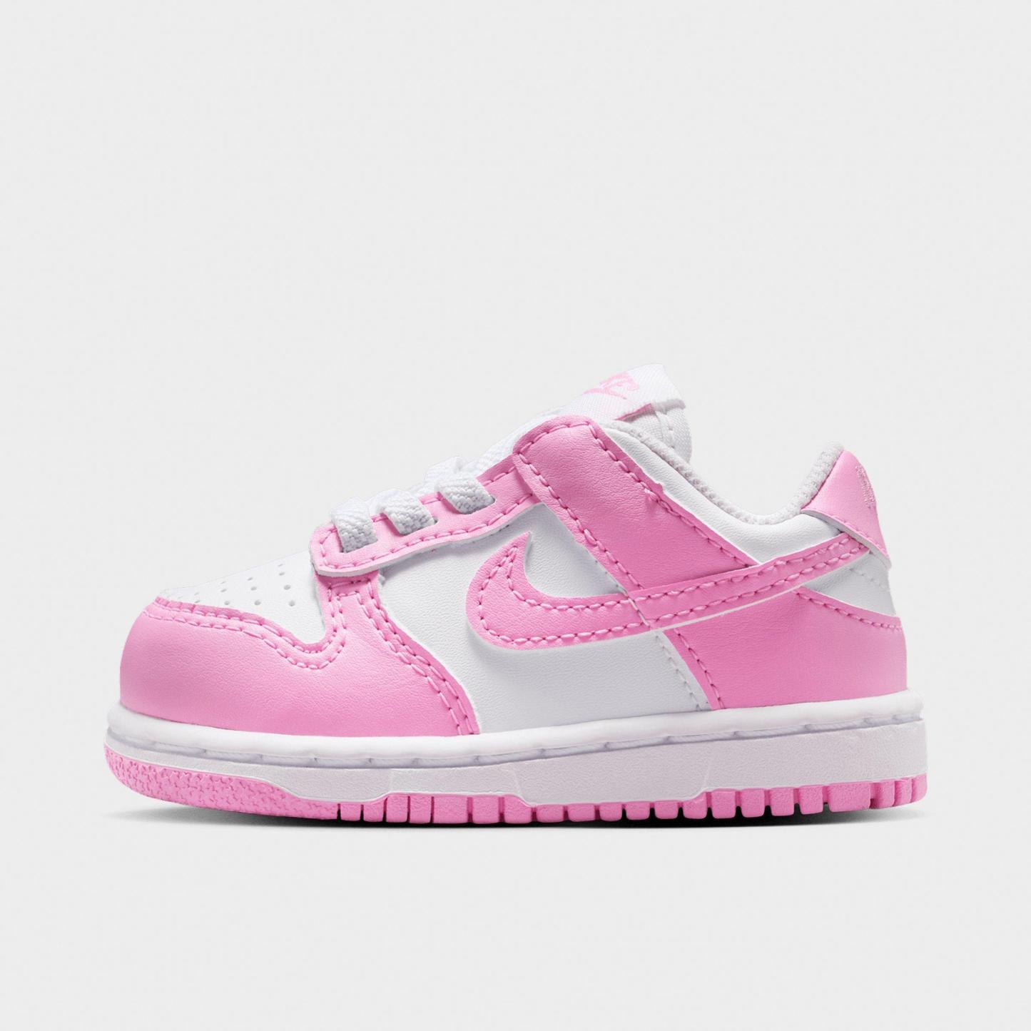Kids' Toddler Nithtke Dunk Low Casual Shoes - White/White/White/Pink Rise - Left shoe facing left. Outside of the shoe.