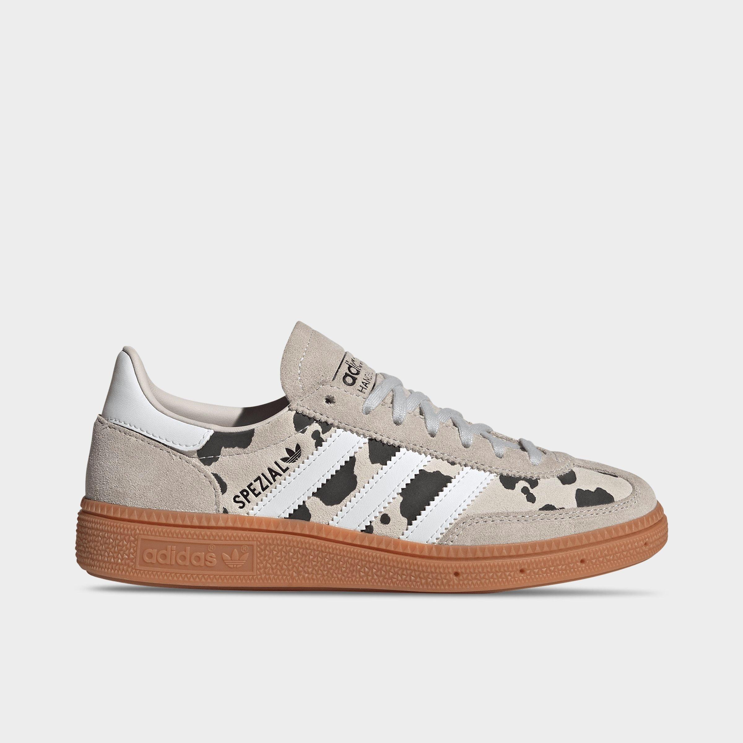 Big Kids' adidas Originals Handball Spezial Casual Shoes - Part 1 - Grey One/Cloud White/Crystal White - Left shoe facing left. Outside of the shoe.