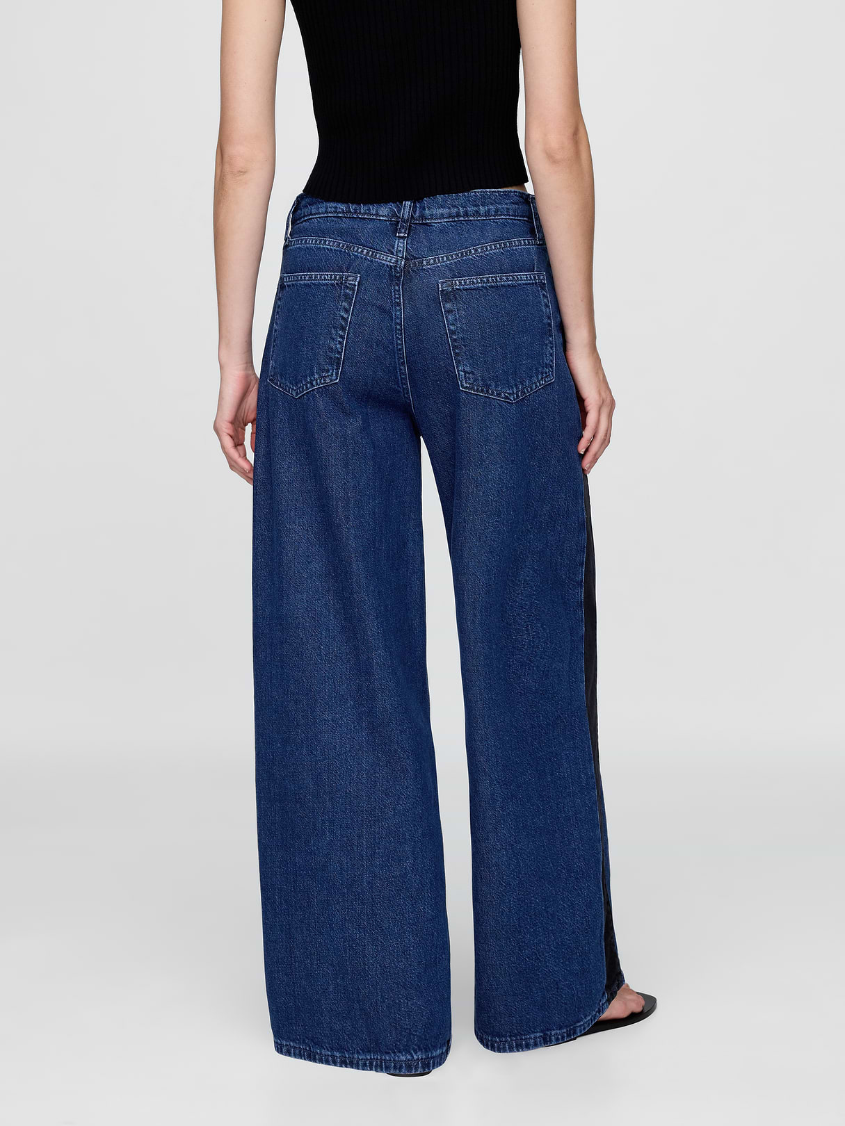 Mid Rise Denim Stripe Baggy Jeans - Side stripe medium wash