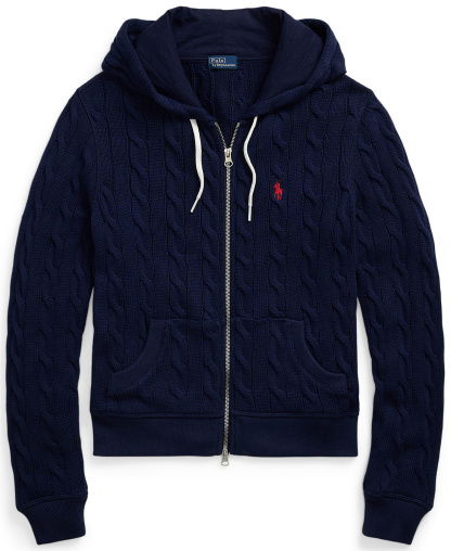 Polo Ralph Lauren Women's Cable-Knit Cotton Full-Zip Hoodie Sweater - Newport Navy