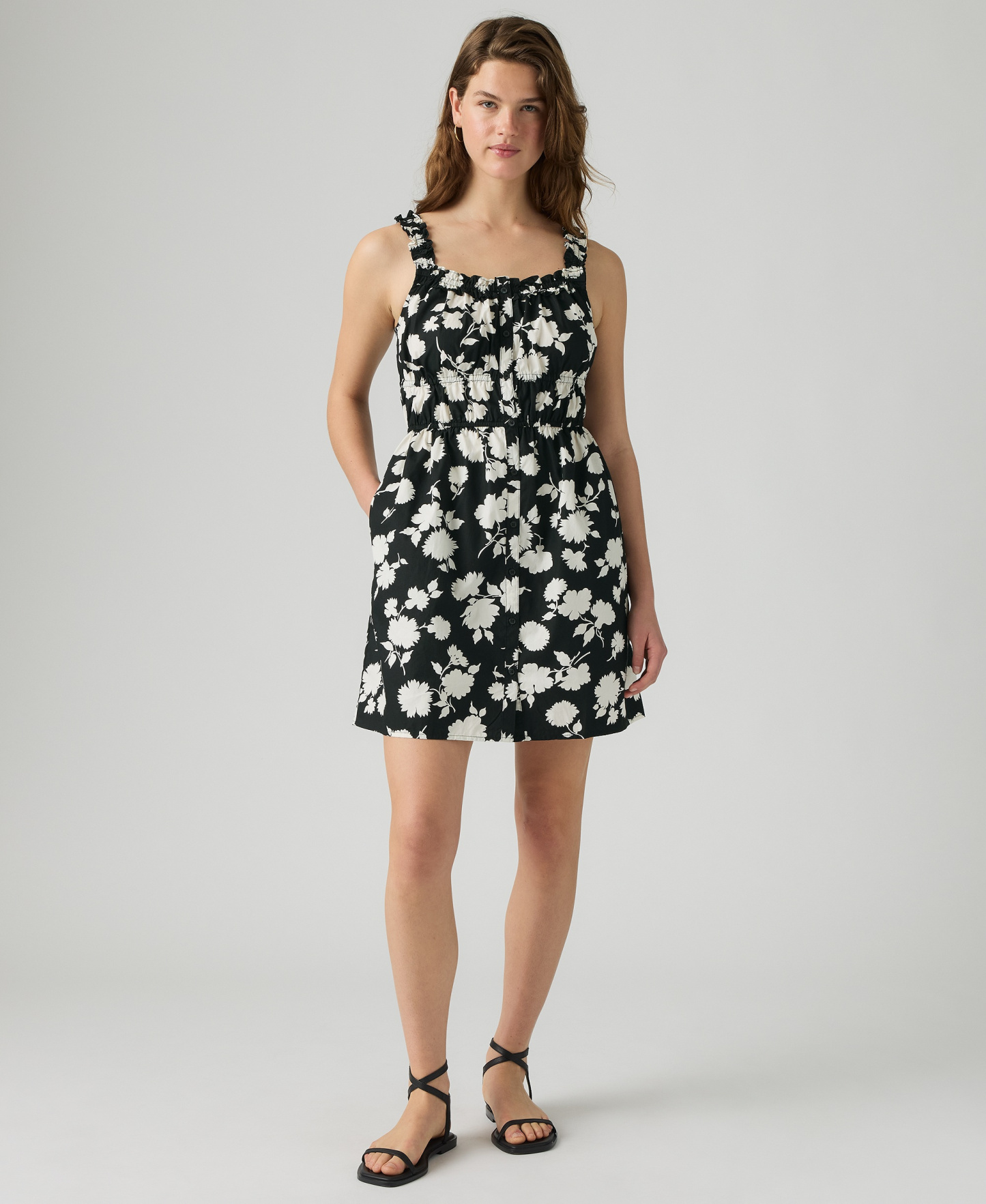 Levi's Women's Vera Waisted Square Neck Cotton Mini Dress - Jonna Floral Anthracite Night Egret