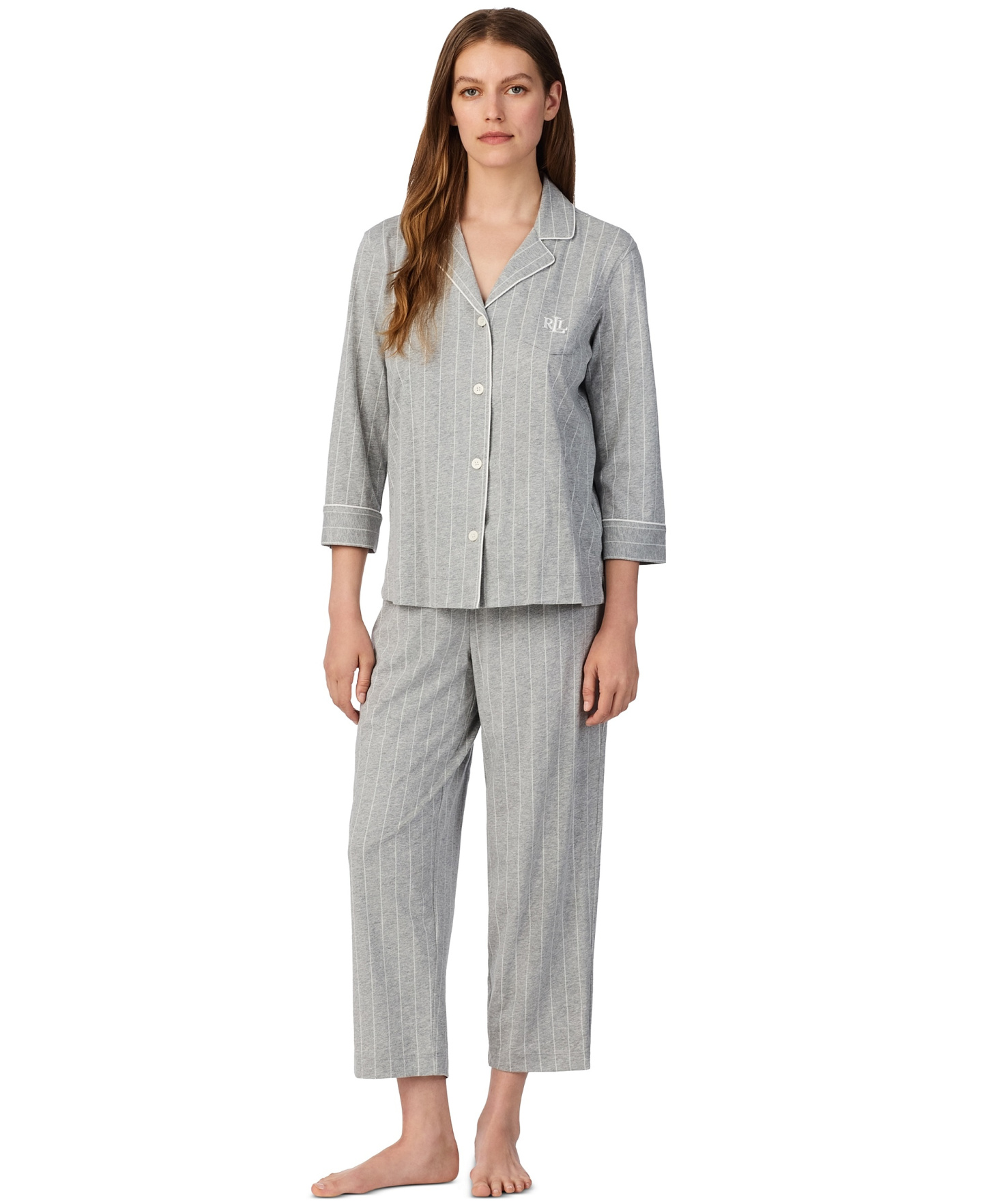 Lauren Ralph Lauren Womens 3/4 Sleeve Cotton Notch Collar Capri Pant Pajama Set - Grey Stripe