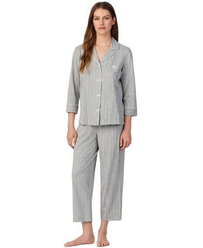 Lauren Ralph Lauren Womens 3/4 Sleeve Cotton Notch Collar Capri Pant Pajama Set - Grey Stripe