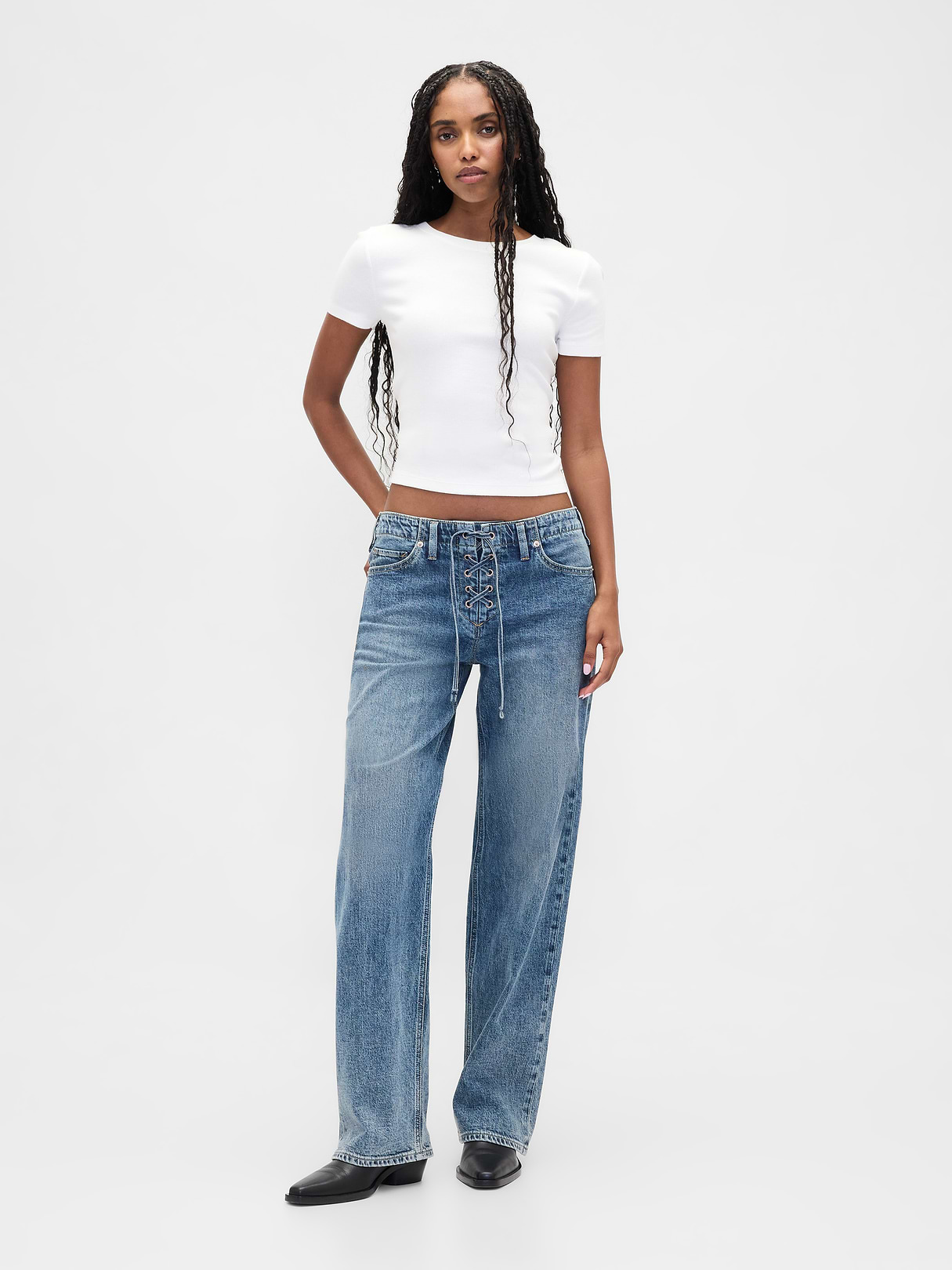Low Rise Drawcord '90s Loose Jeans - Medium washed indigo