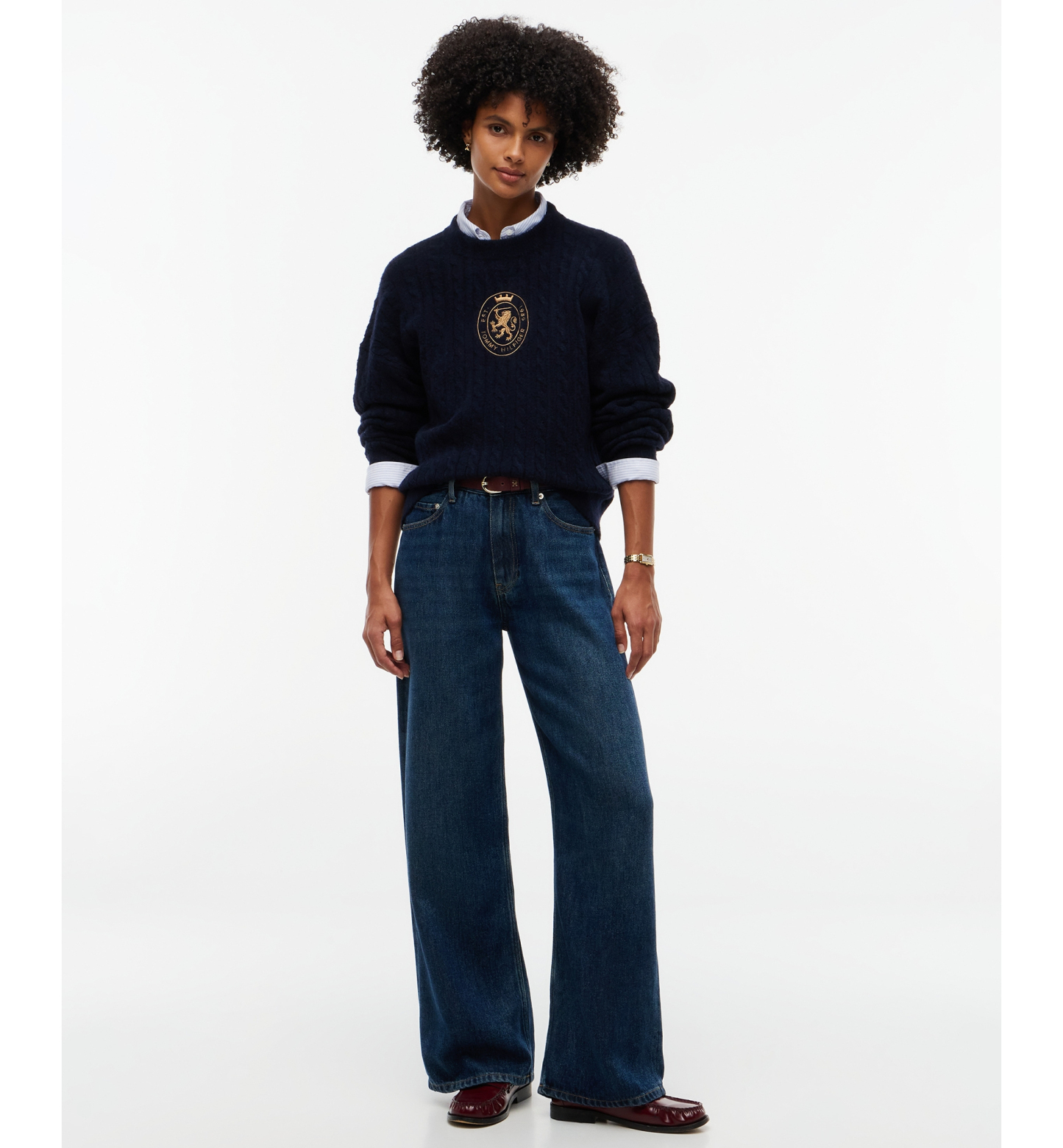 Tommy Hilfiger Women's Cable-Knit Crewneck Embroidered Crest Sweater - Dark Blue