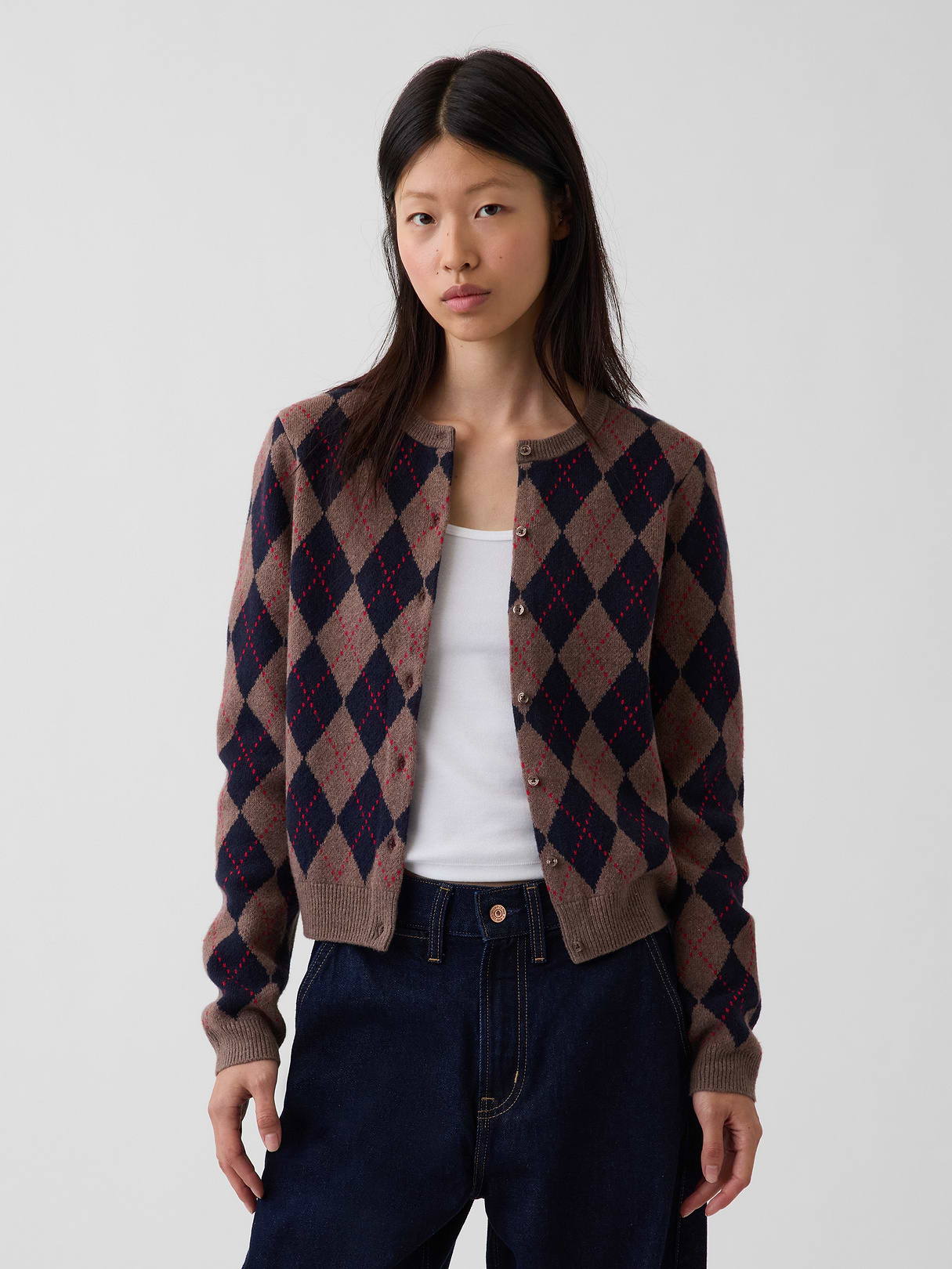 CashSoft Crop Cardigan - Brown and navy blue argyle