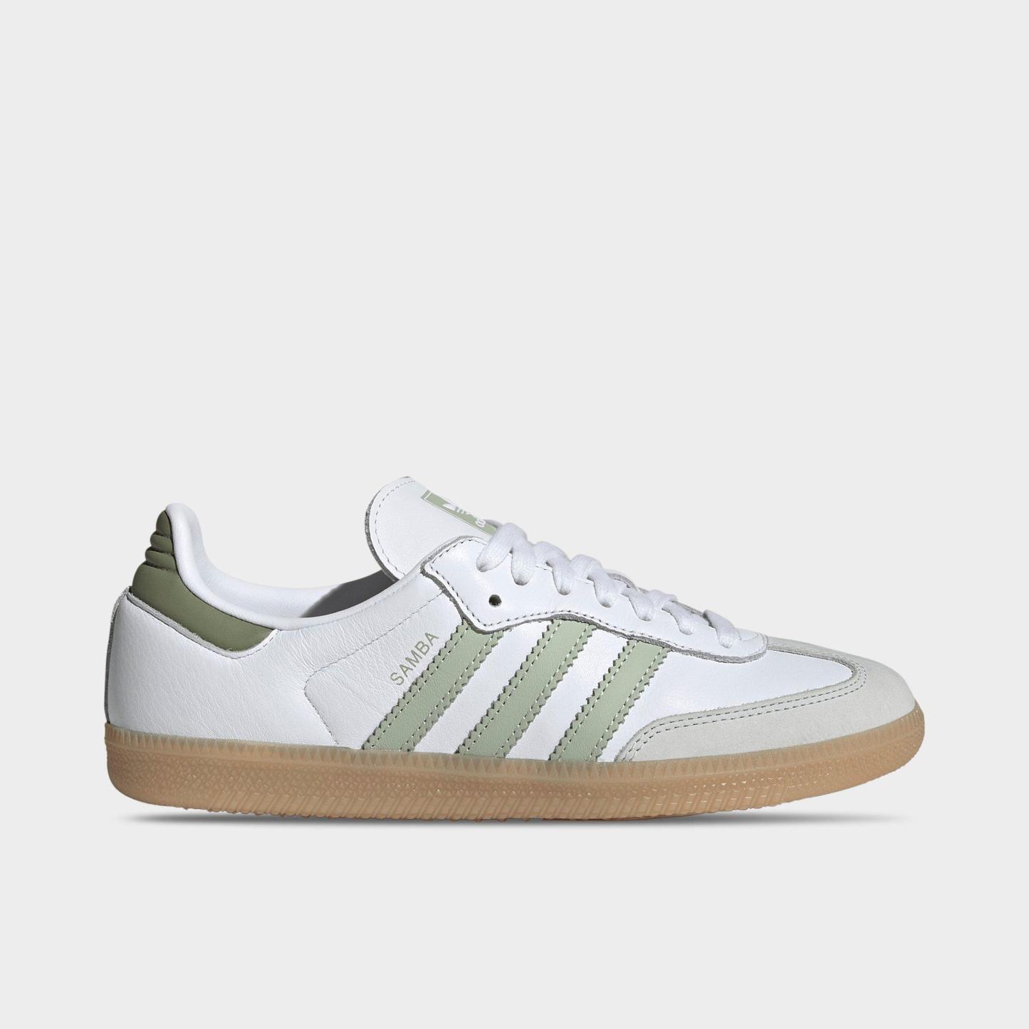 Women's adidas Originals Samba OG Casual Shoes - Part 1 - Cloud White/Halo Green/Tent Green - Left shoe facing left. Outside of the shoe.