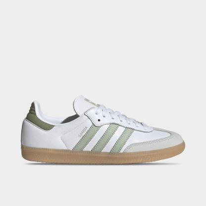 Women's adidas Originals Samba OG Casual Shoes - Part 1 - Cloud White/Halo Green/Tent Green - Left shoe facing left. Outside of the shoe.
