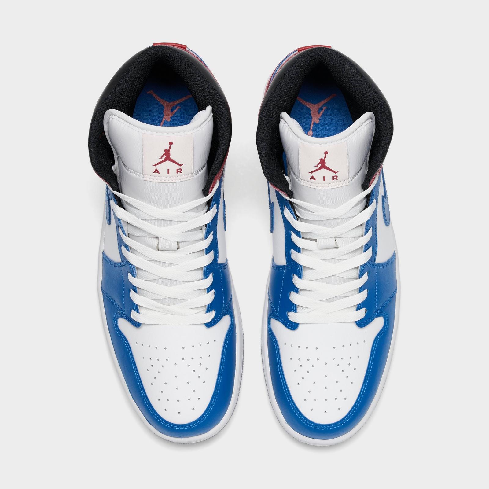 Men's Air Jordan Retro 1 Mid Casual Shoes - True Blue/Varsity Red/Black/Summit White - Left shoe facing left. Outside of the shoe. - view 5