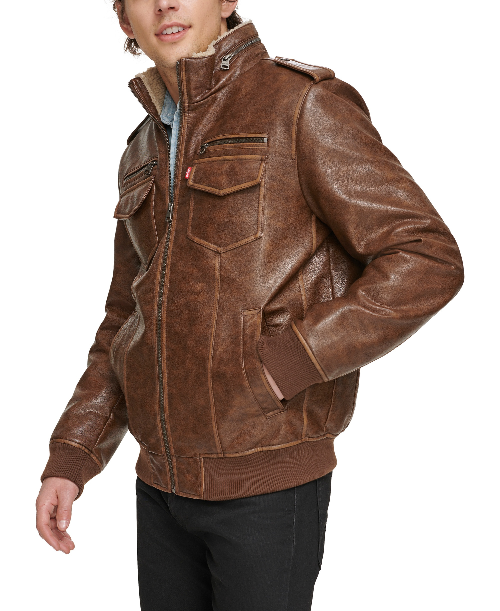 Levi's Men's Sherpa Lined Faux Leather Aviator Bomber - Saddle