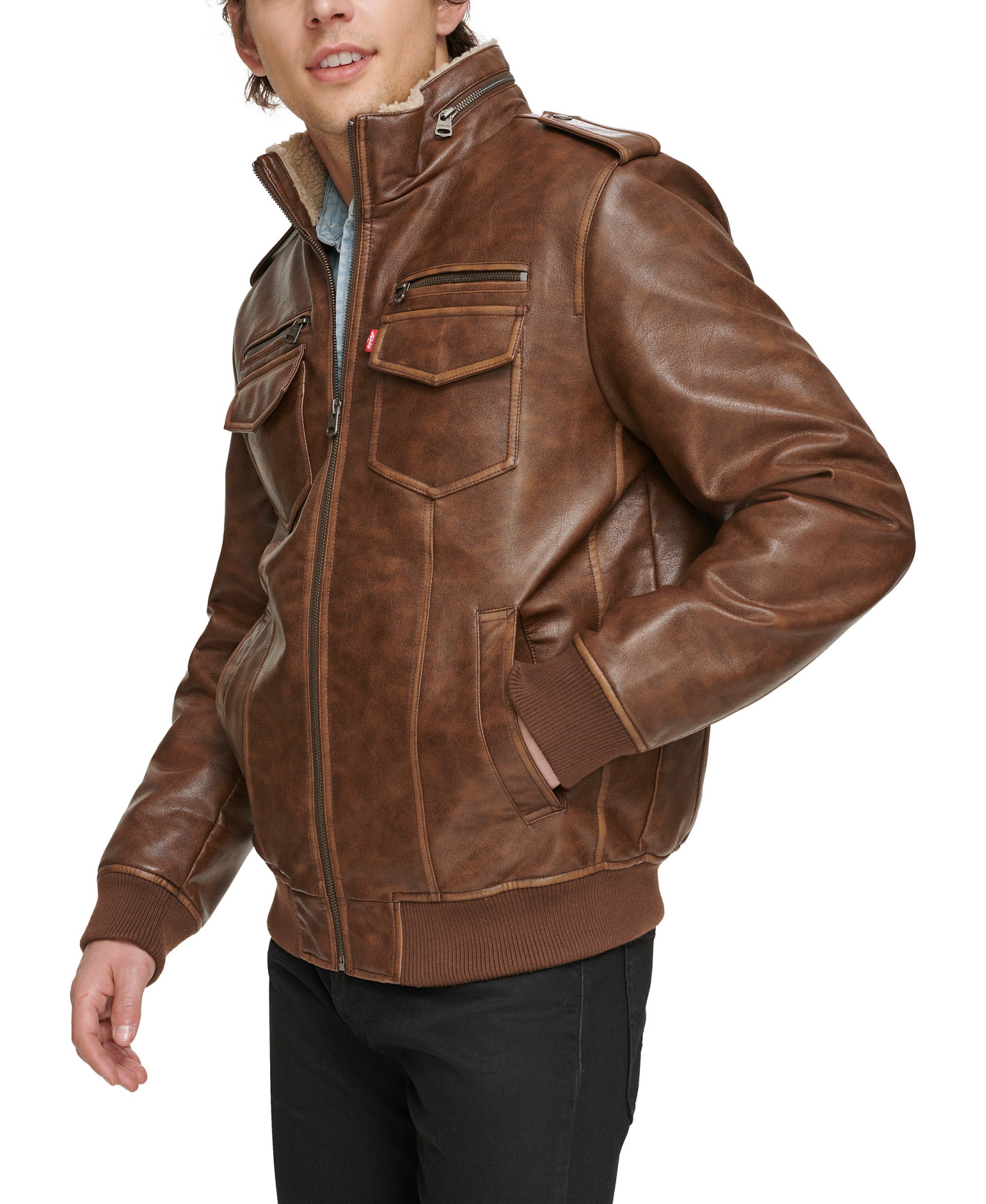 Levi's Men's Sherpa Lined Faux Leather Aviator Bomber - Saddle