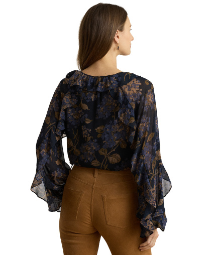Lauren Ralph Lauren Women's Ruffle-Trim Long-Sleeve Blouse - Navy Multi