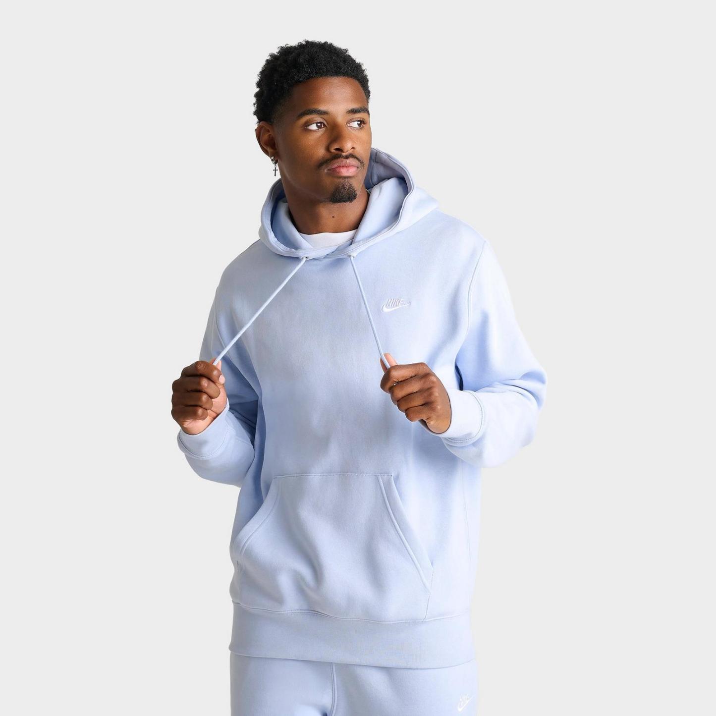 Men's Nike Club Fleece Premium Embroidered Pullover Hoodie - Hydrogen Blue/Hydrogen Blue/White