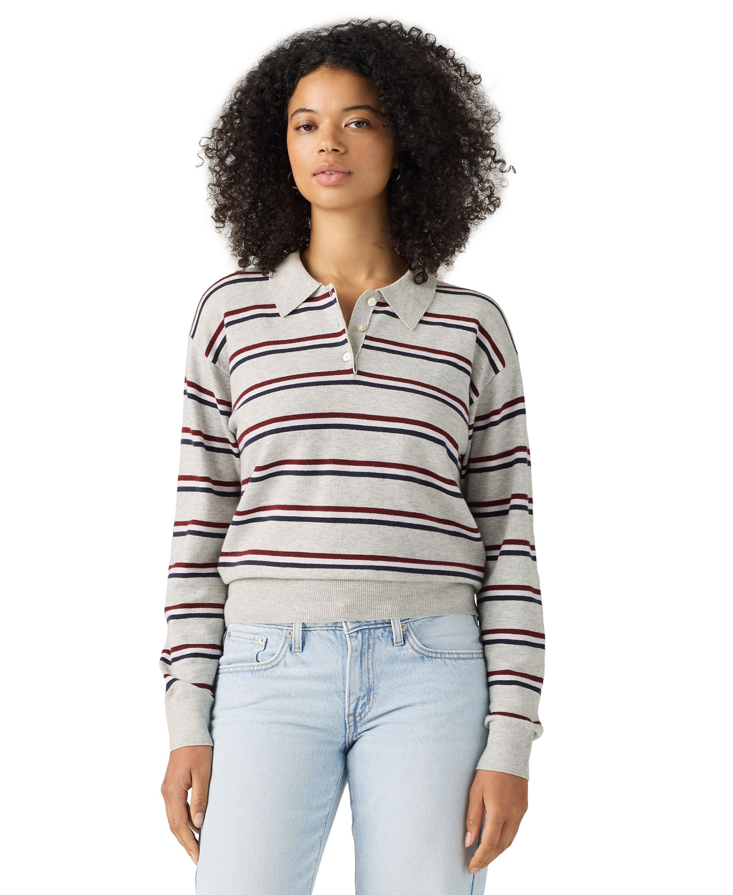 Levi's Premium Women's Long-Sleeve Polo Sweater - Jade Stripe Light Grey Heather