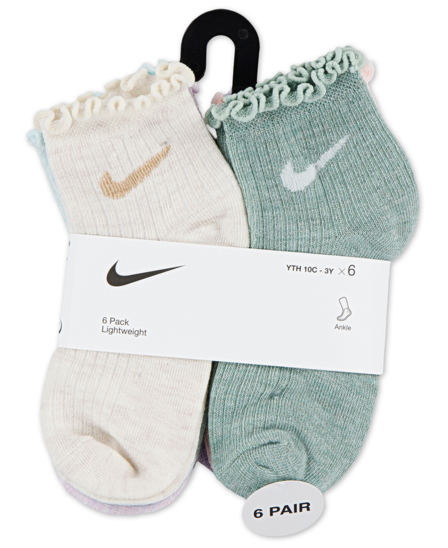 Nike Girls' 4-7 Lettuce Ankle Socks, 6-Pack - White/Blue/Pink/Green/Purple