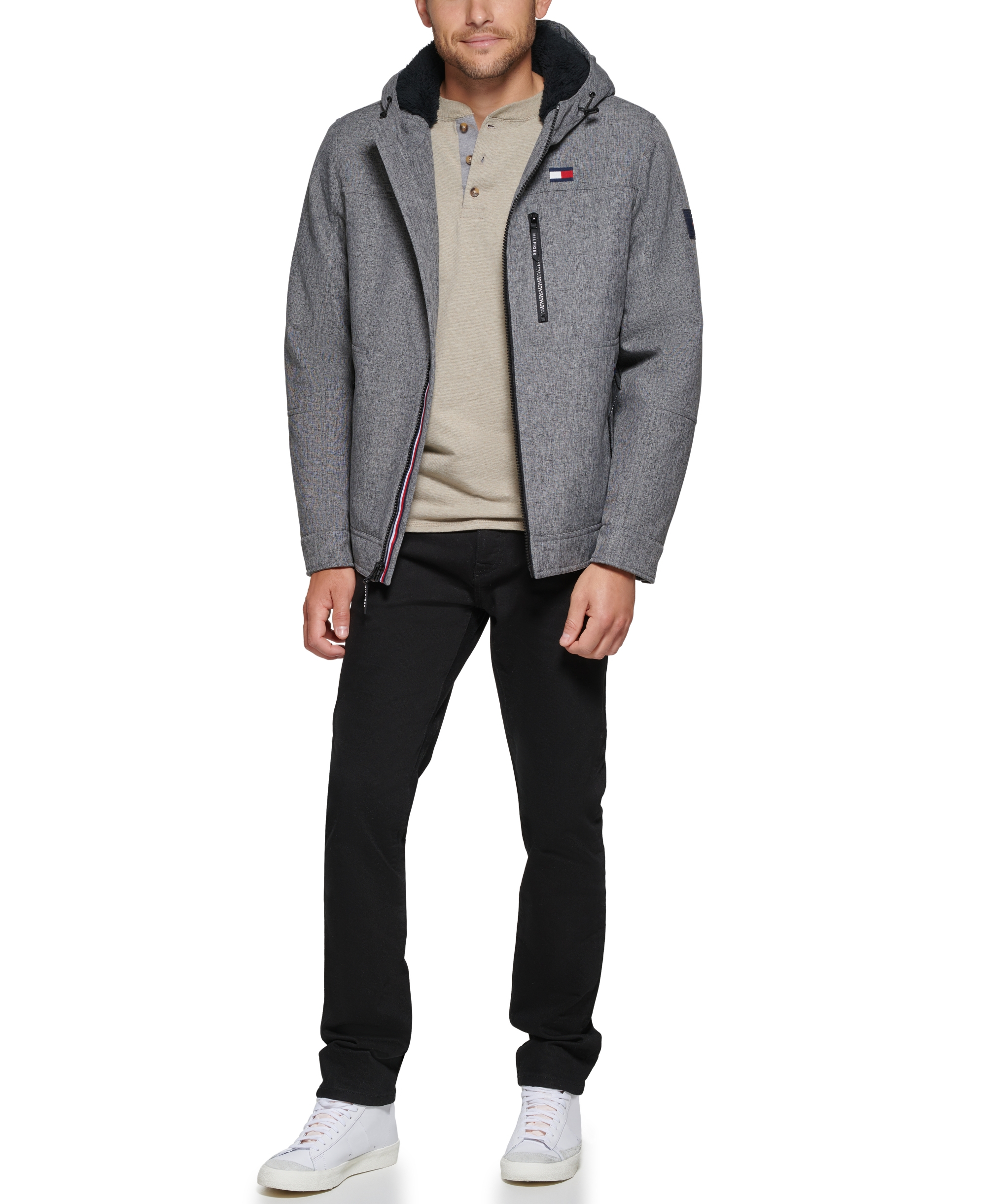 Tommy Hilfiger Men's Sherpa-Lined Softshell Hooded Jacket - Heathery Gray