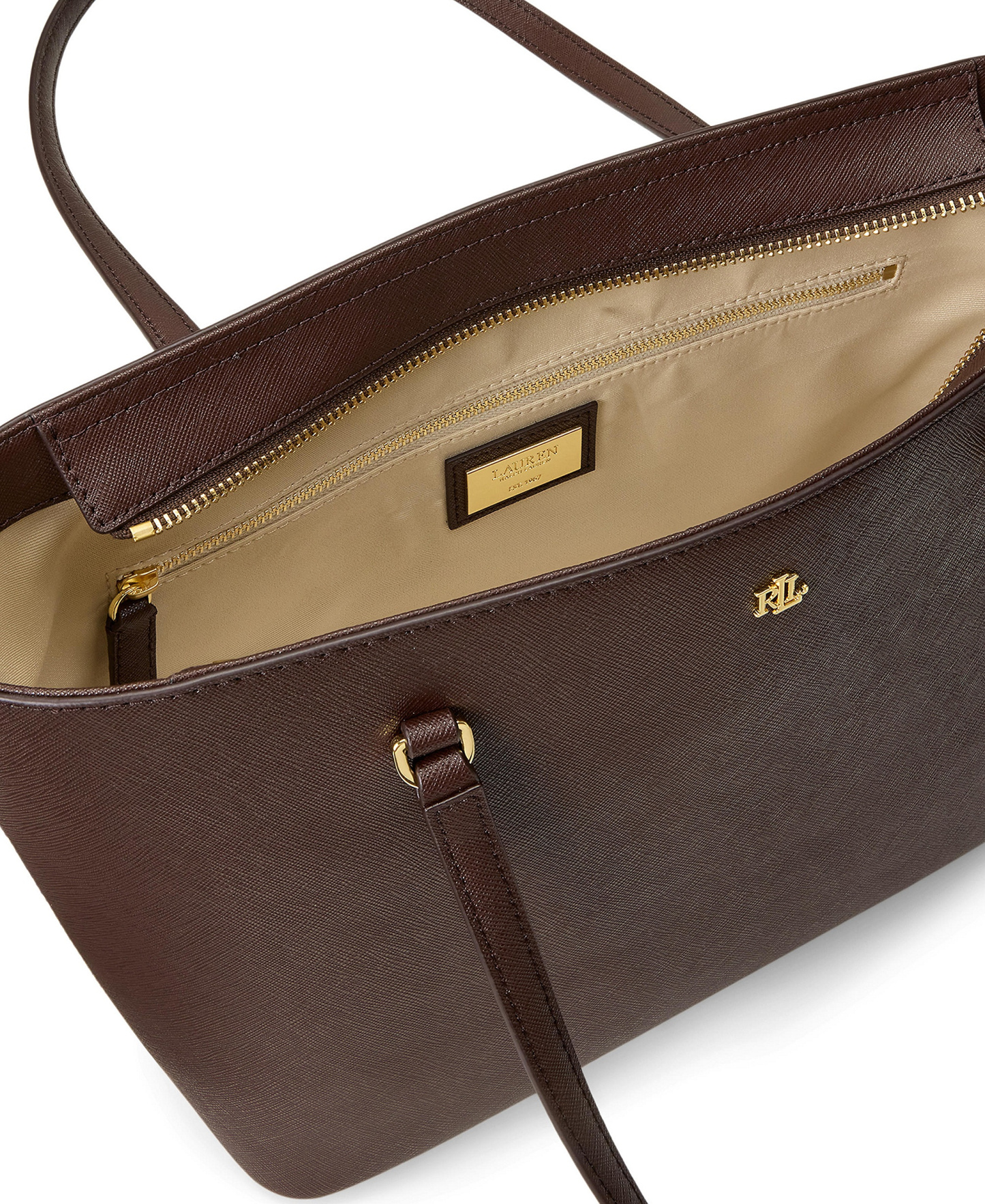 Lauren Ralph Lauren Crosshatch Leather Karly Medium Shopper Tote Handbag - Chestnut Brown