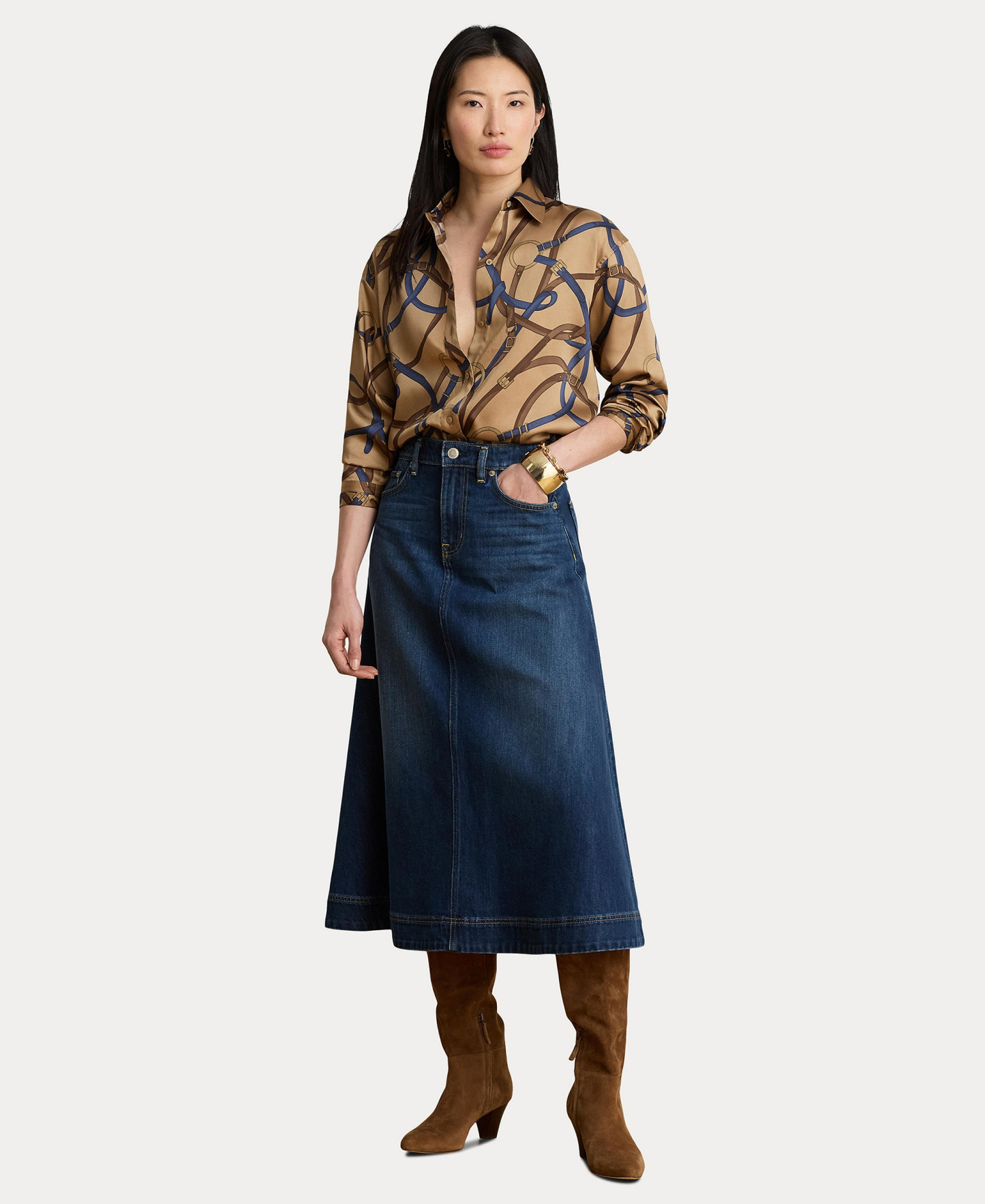 Lauren Ralph Lauren Women's A-Line High-Waisted Midi Denim Skirt - Marina Wash
