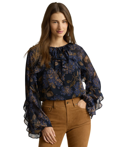 Lauren Ralph Lauren Women's Ruffle-Trim Long-Sleeve Blouse - Navy Multi