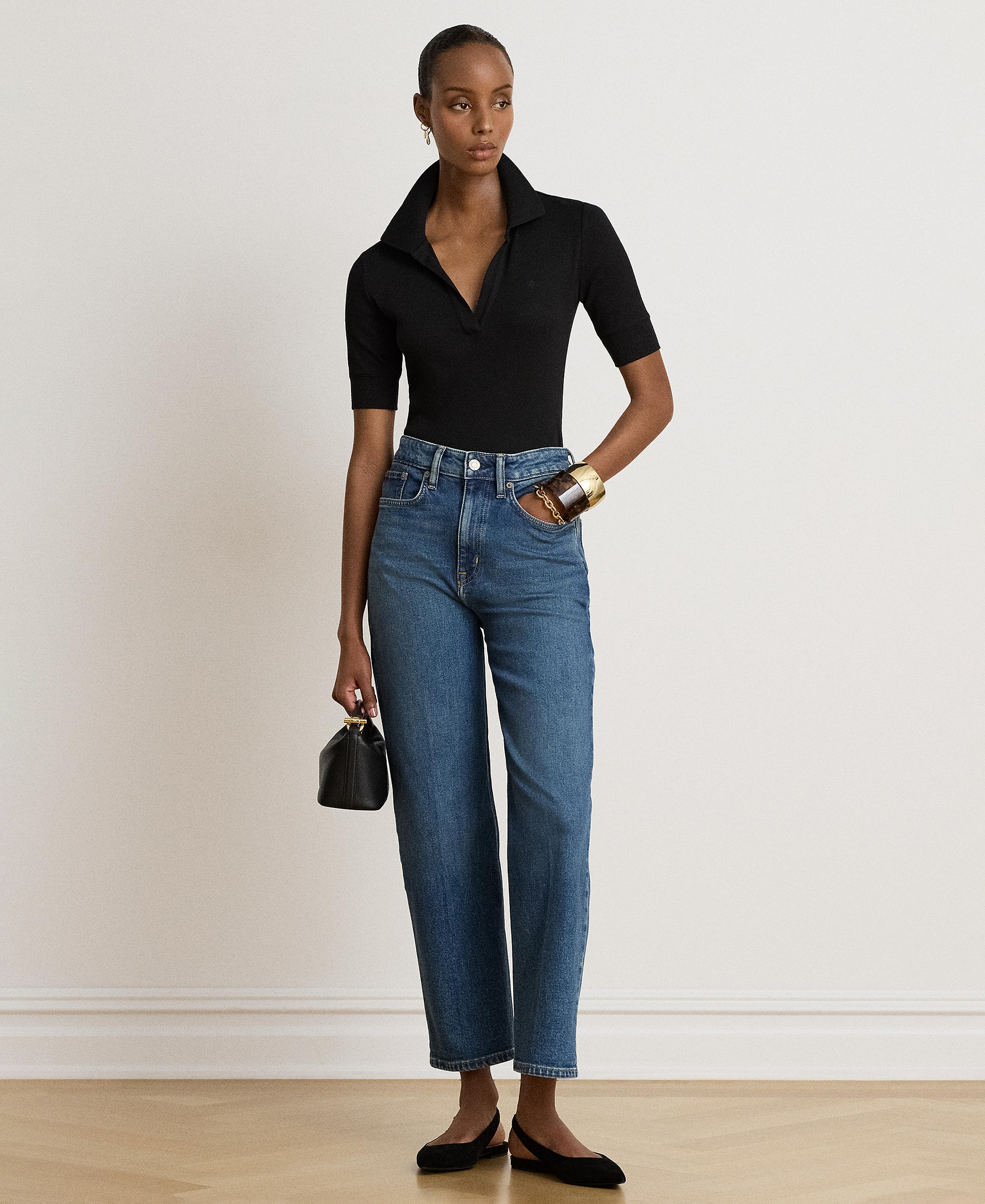 Lauren Ralph Lauren Women's Jersey Short-Sleeve Collared Top - Black