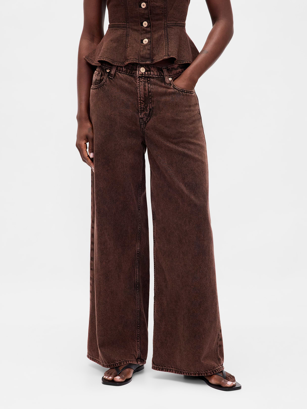 Mid Rise Denim Stripe Baggy Jeans - Dark brown