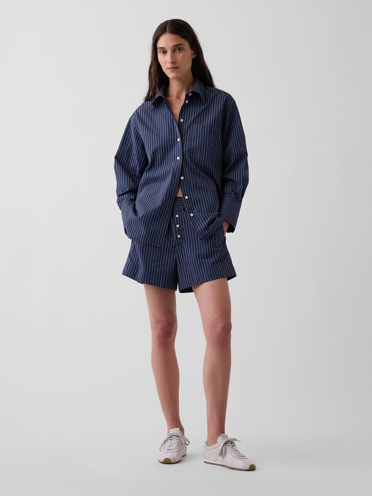 Organic Cotton Poplin Stripe Big Shirt - dark blue stripe