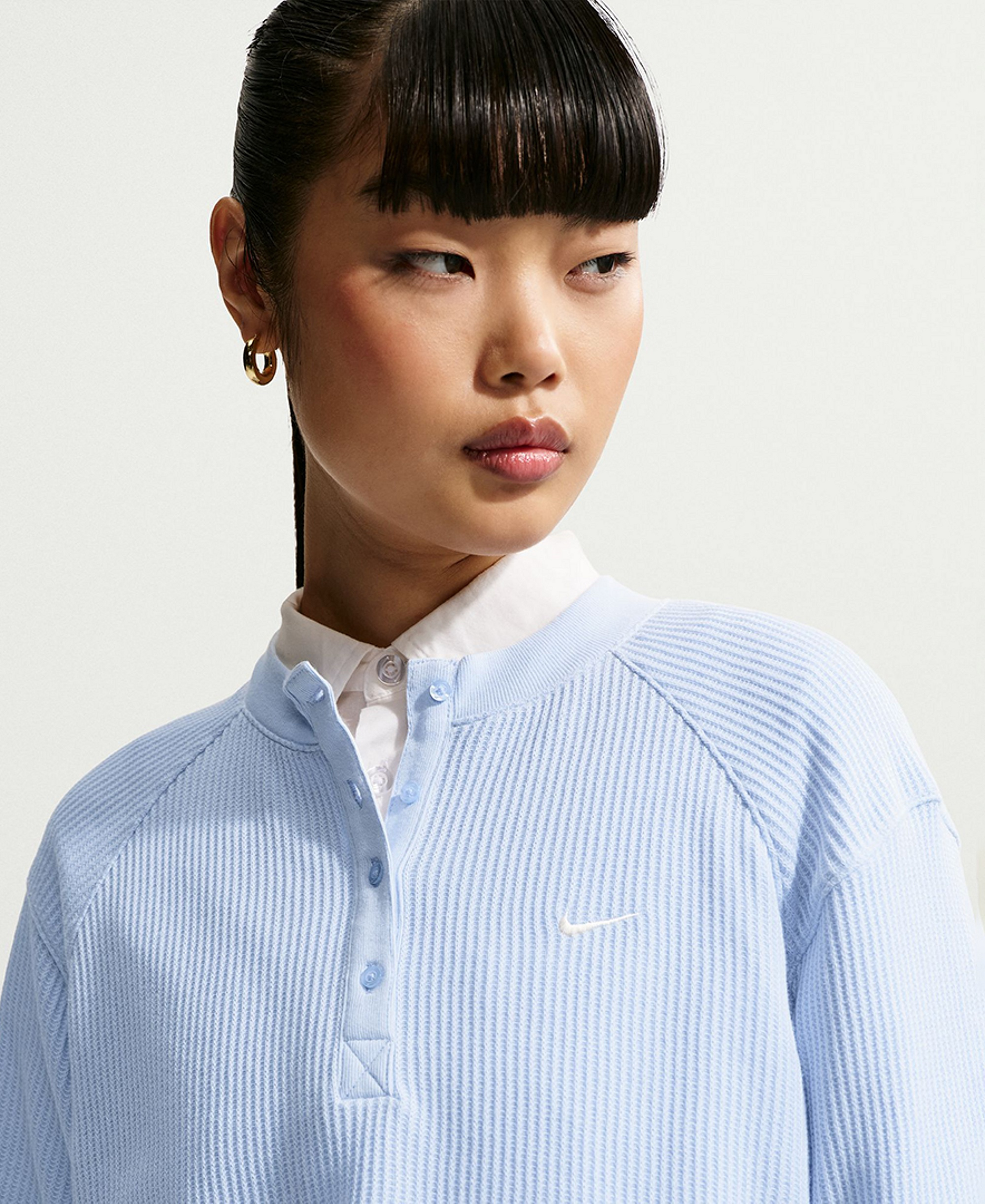 Nike Women's Sportswear Chill Waffle Oversized Long-Sleeve Henley Top - Hydrogen Blue/Sail