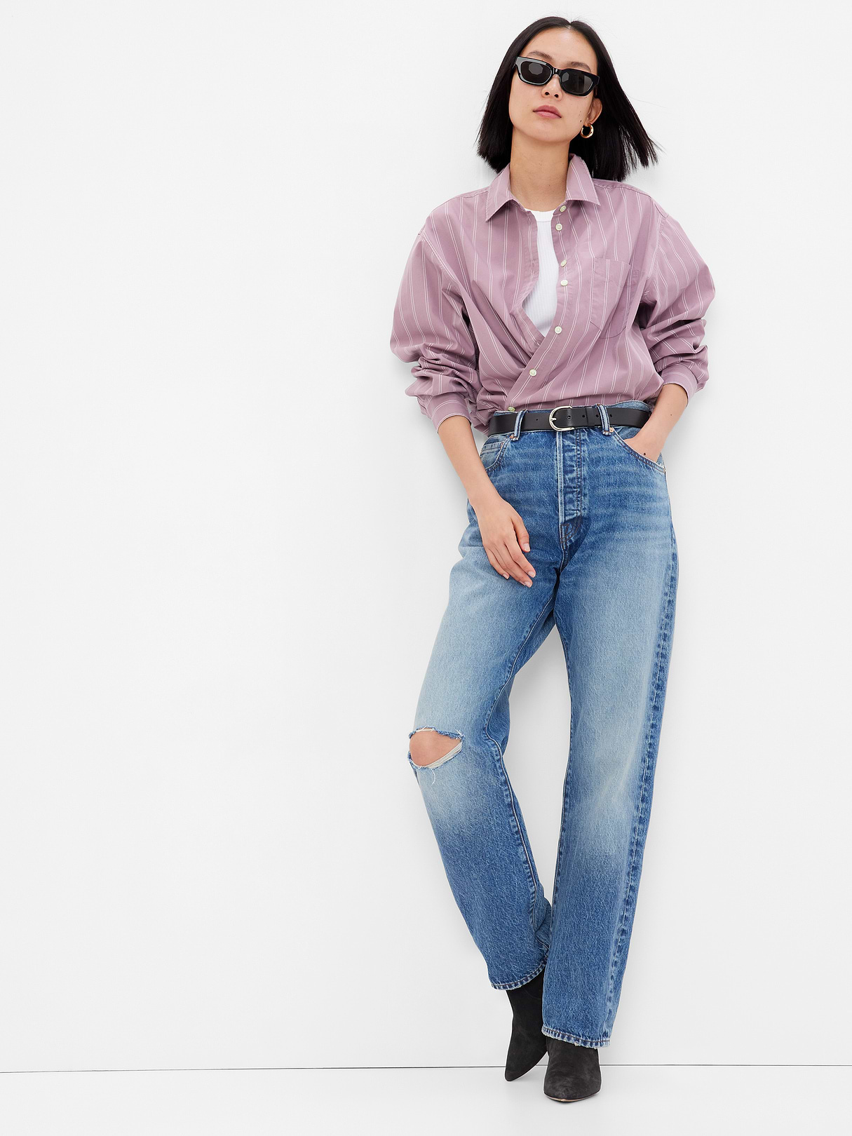 Organic Cotton Poplin Stripe Big Shirt - amethyst purple stripe