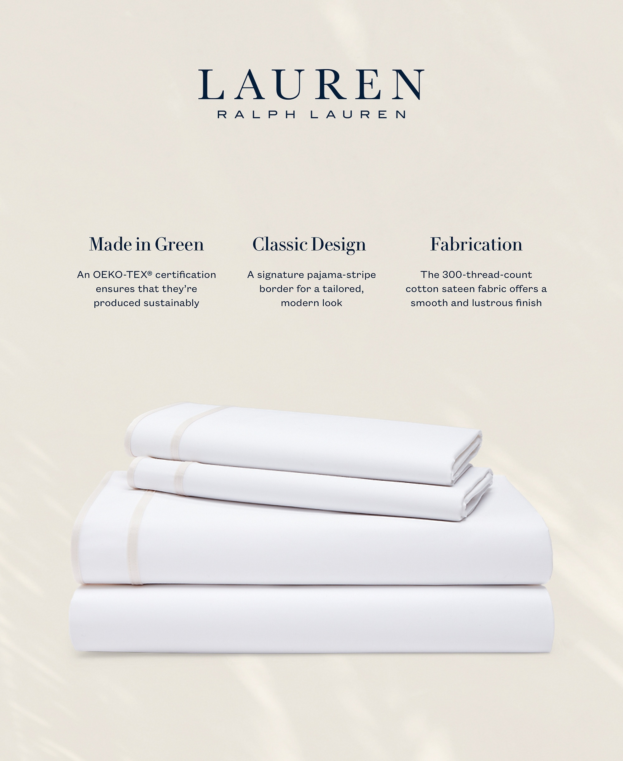 Lauren Ralph Lauren Spencer 300 Thread Count Sateen Border Sheet Set, Queen - Classic Cream