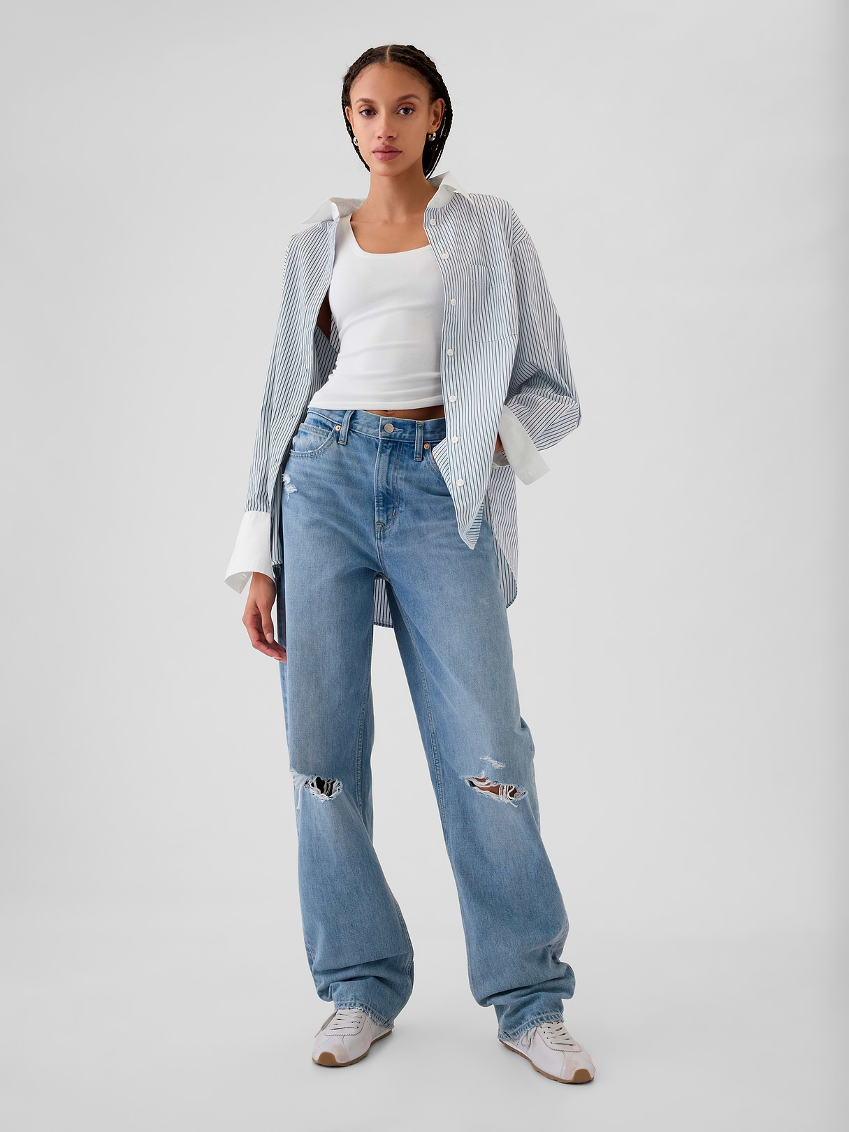 Organic Cotton Poplin Stripe Big Shirt - Blue and white stripe