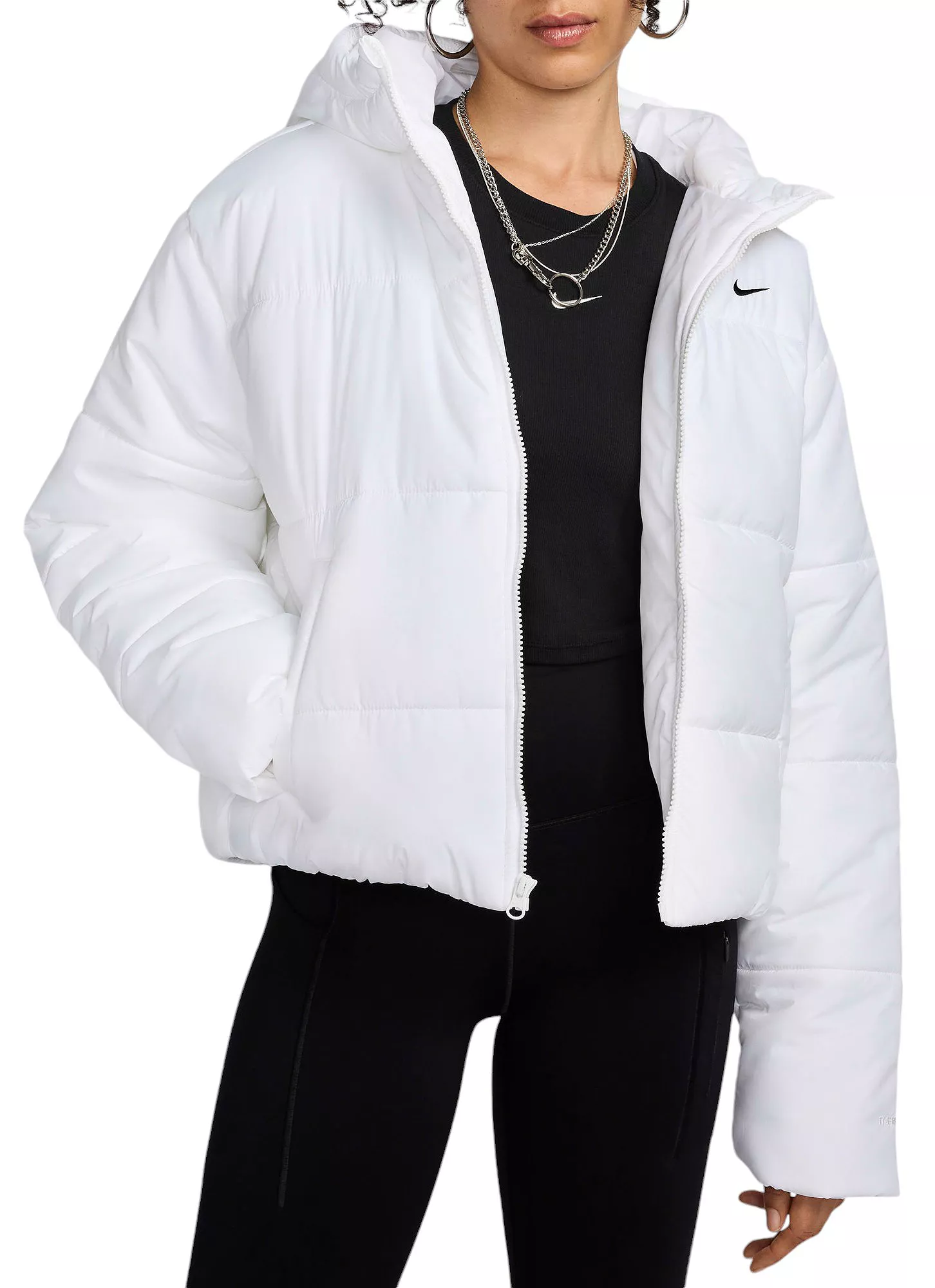 Nike Women's Sportswear Classic Puffer Therma-FIT Loose Hooded Jacket — White/Black