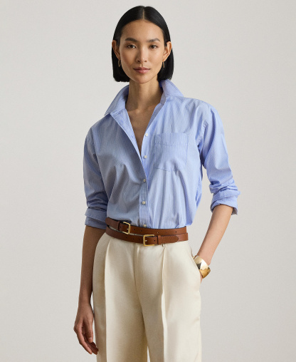 Lauren Ralph Lauren Women's Point Collar Striped Broadcloth Shirt - Blue/white