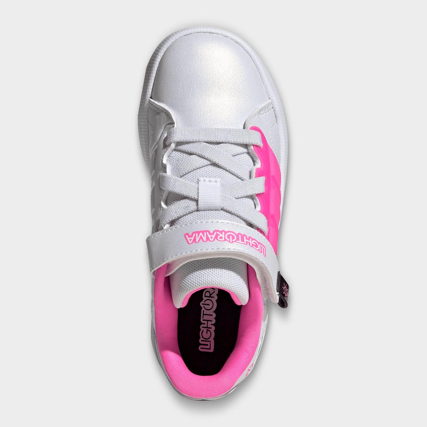 Little Kids' adidas x Minecraft Lightorama Court Stretch Lace Hook-And-Loop Casual Shoes - White/Lucid Pink/Silver Metallic - Top view
