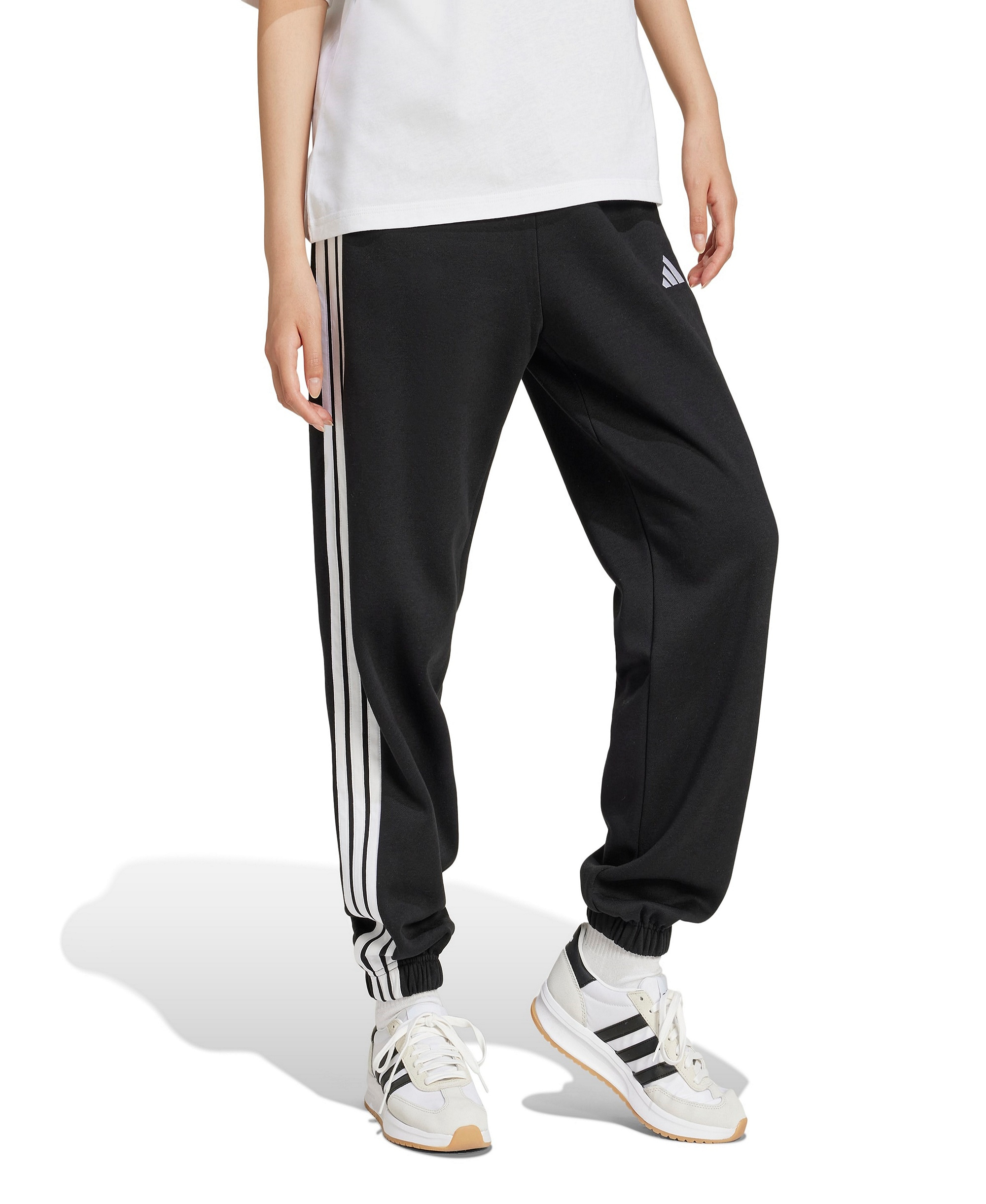 adidas Women's Essentials 3-Stripes Pull-On Fleece Loose Pants - Black/White