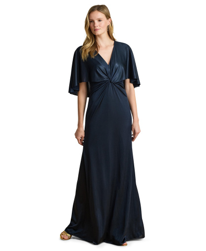 Lauren Ralph Lauren Women's Metallic Jersey Twist-Front Cape Gown - Navy