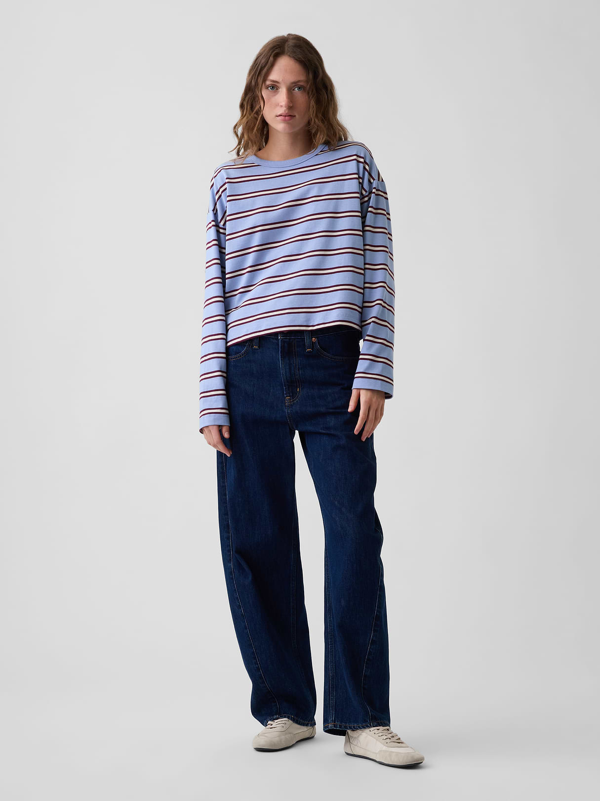 Knit Oversized Crop T-Shirt - Blue & purple burgundy stripe