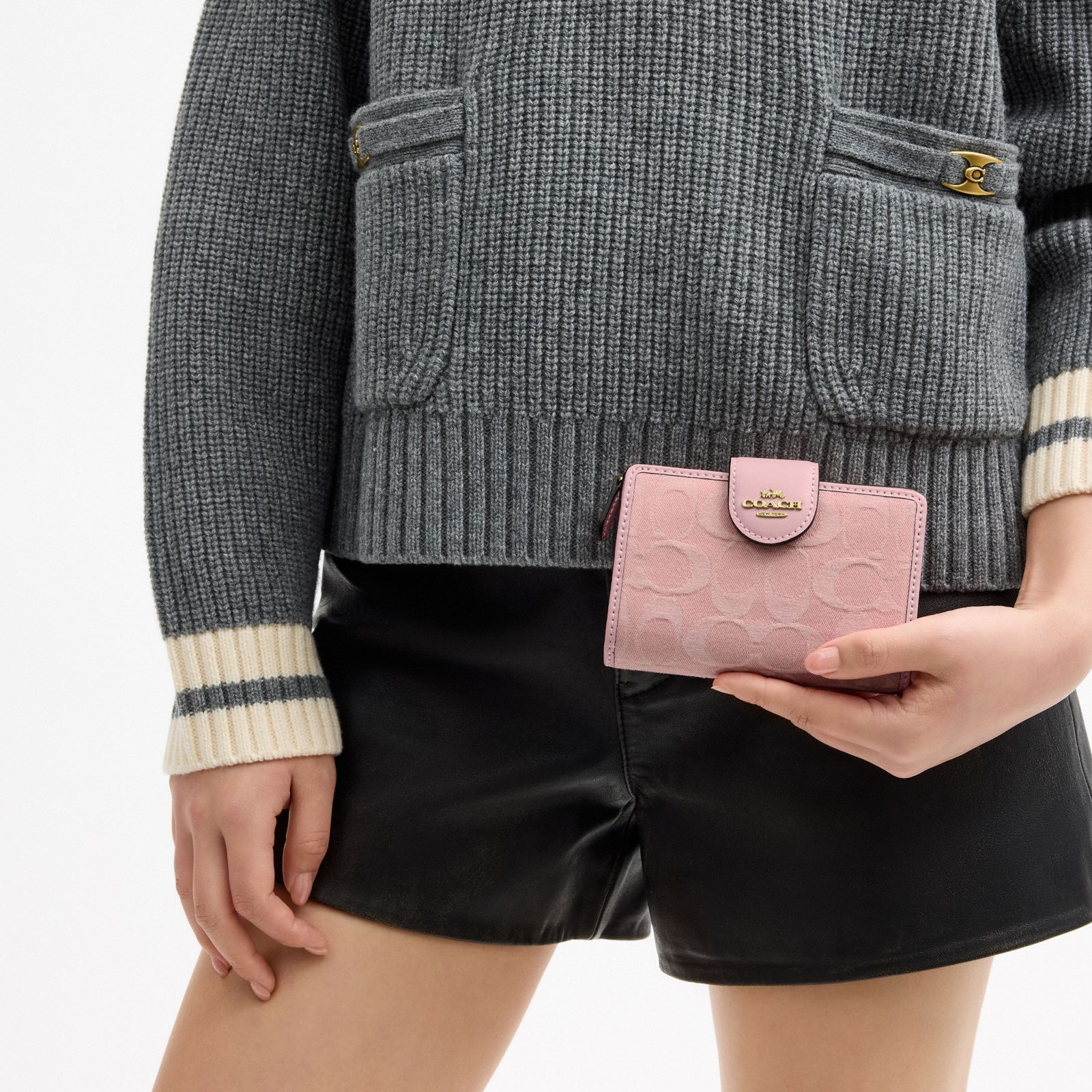 Medium Corner Zip Wallet In Signature Denim - Gold/Light Pink - view 2