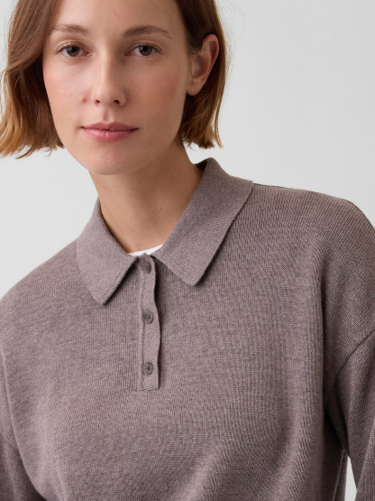 100% Cotton Relaxed Polo Sweater - Toasted almond brown